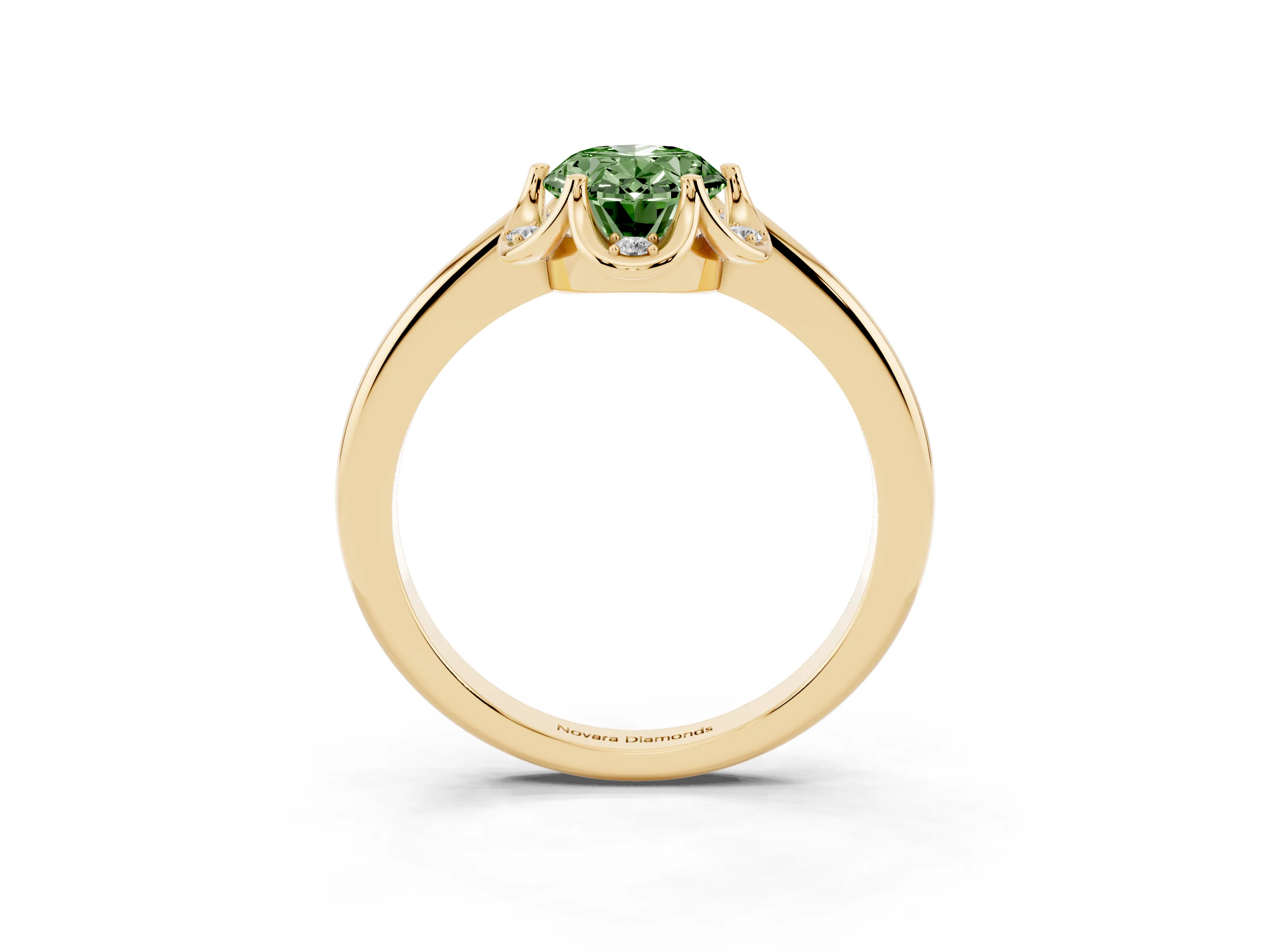 Fancy Green Oval Cut Diamond Round Cluster Halo Ring Set in Yellow gold with Solitaire Band and Prong Setting