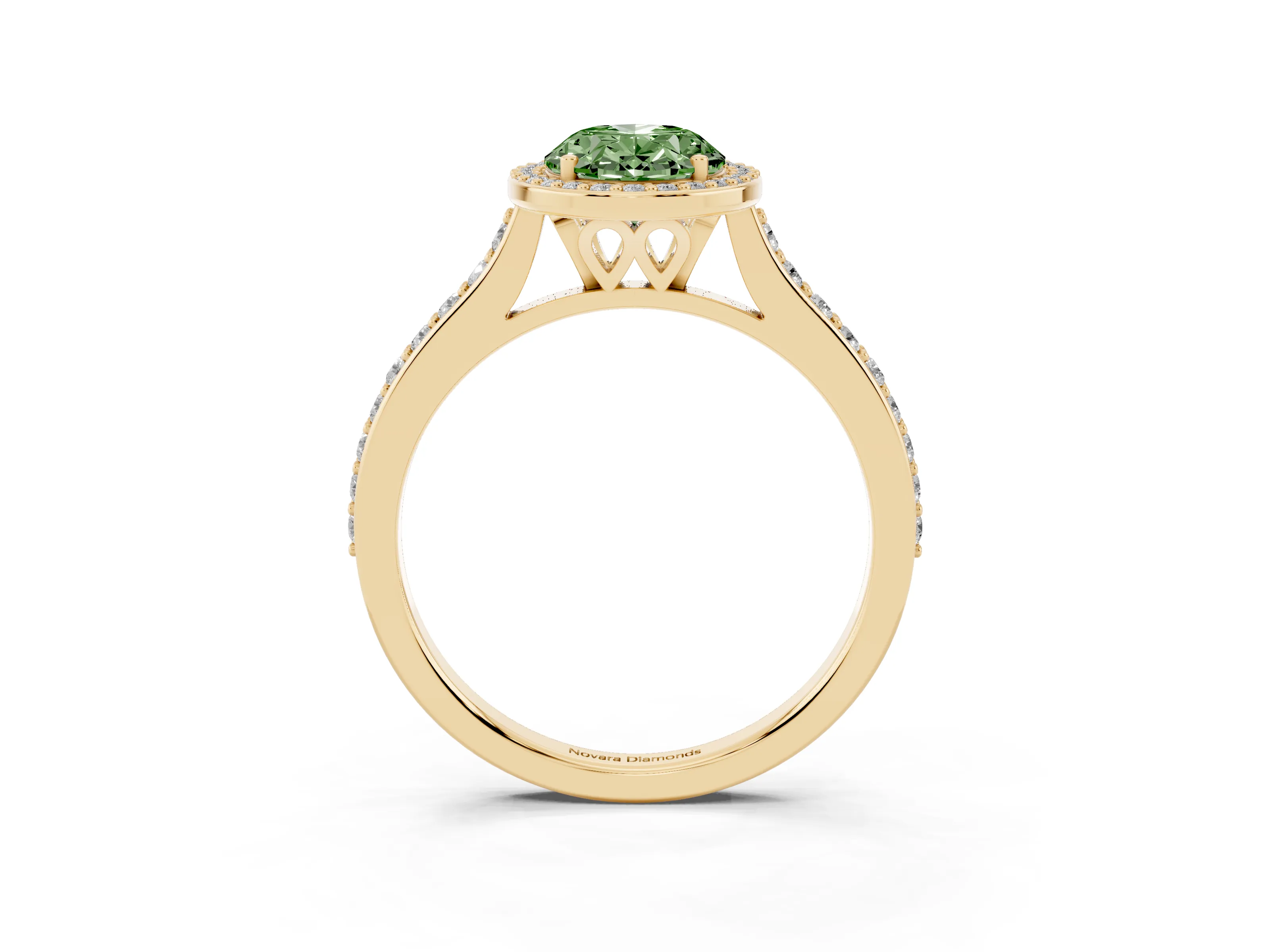 Fancy Green Oval Cut Diamond Halo Engagement Ring Set in Yellow gold with Round Pavé Shoulders and Heart Gallery