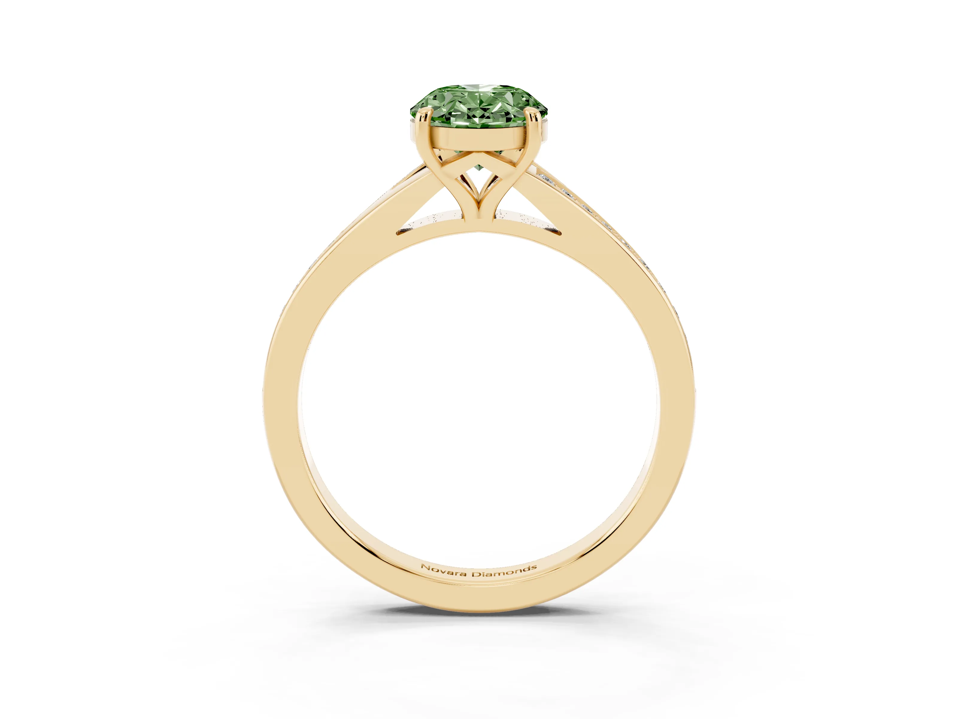 Fancy Green Oval Cut Diamond Solitaire Ring Set in Yellow gold with Pavé Accent Band and Classic Prong Setting