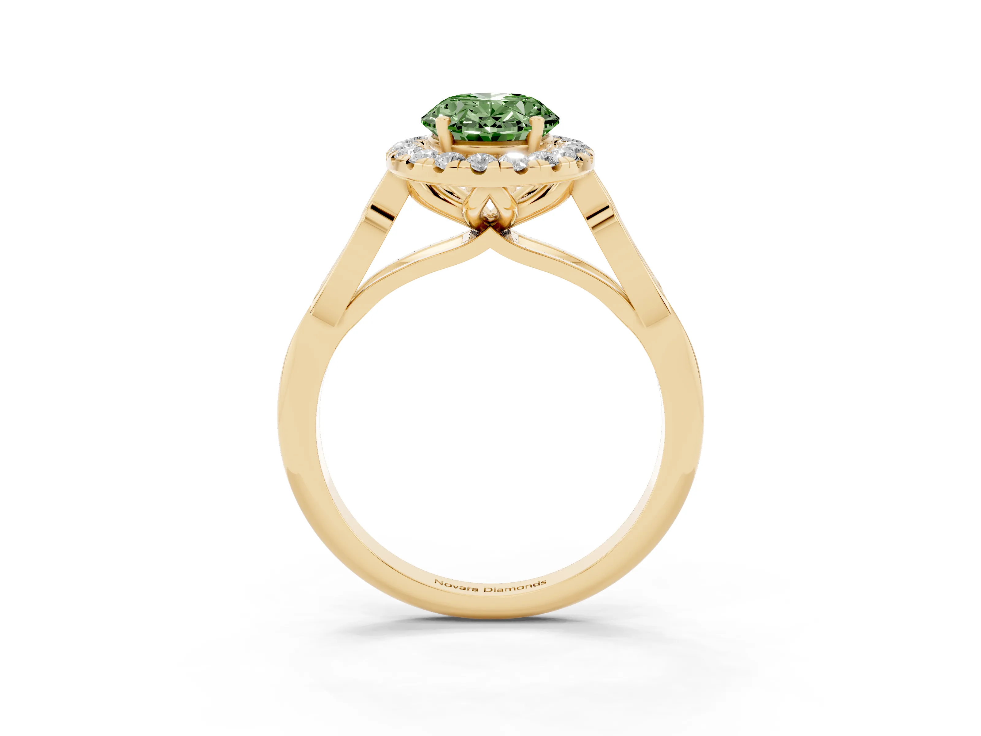 Fancy Green Oval Cut Diamond Halo Engagement Ring Set in Yellow gold with Filigree Band and Prong-Set Center