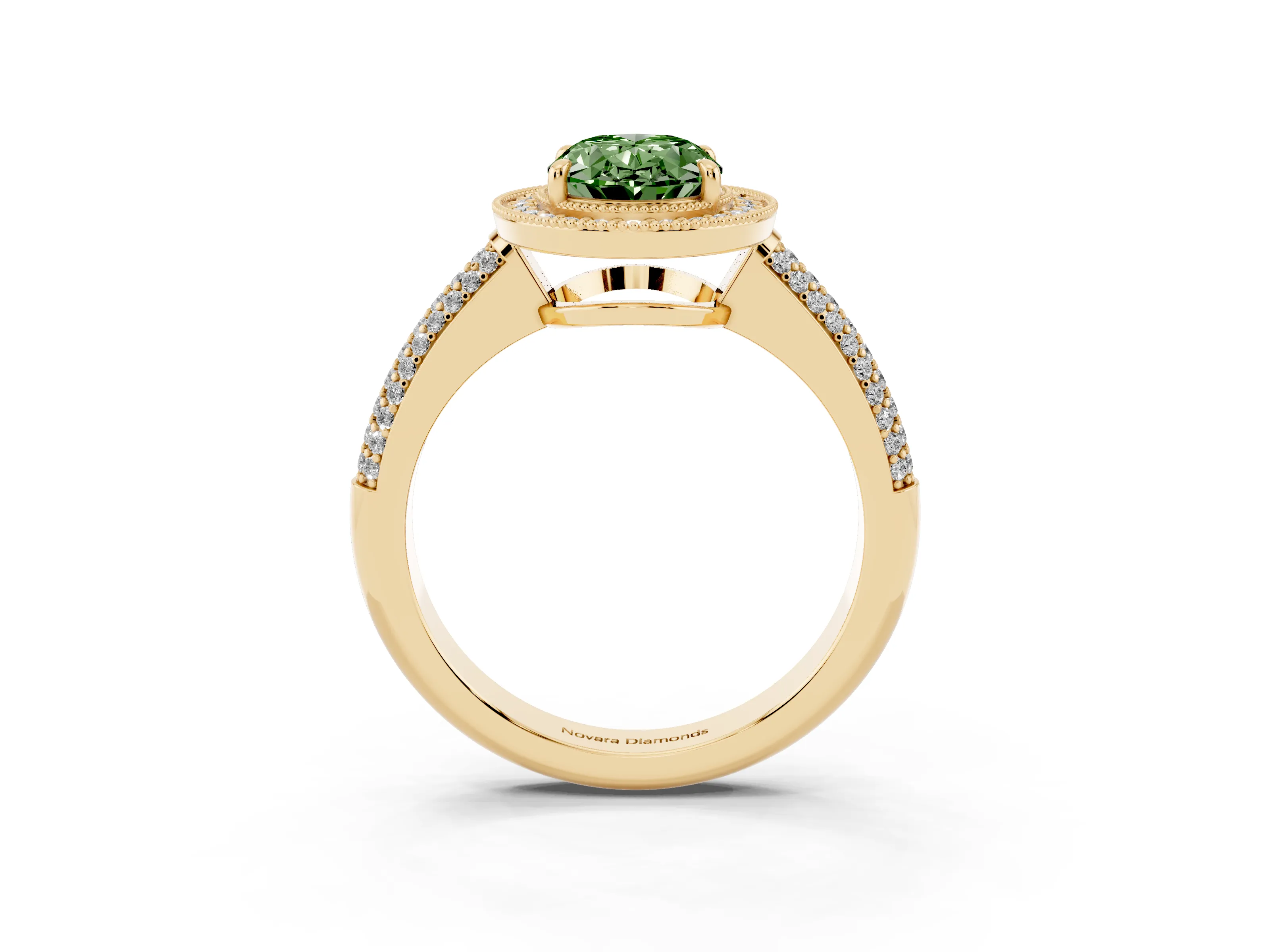 Fancy Green Oval Cut Diamond Halo Pavé Band Set in Yellow gold with Prong Setting