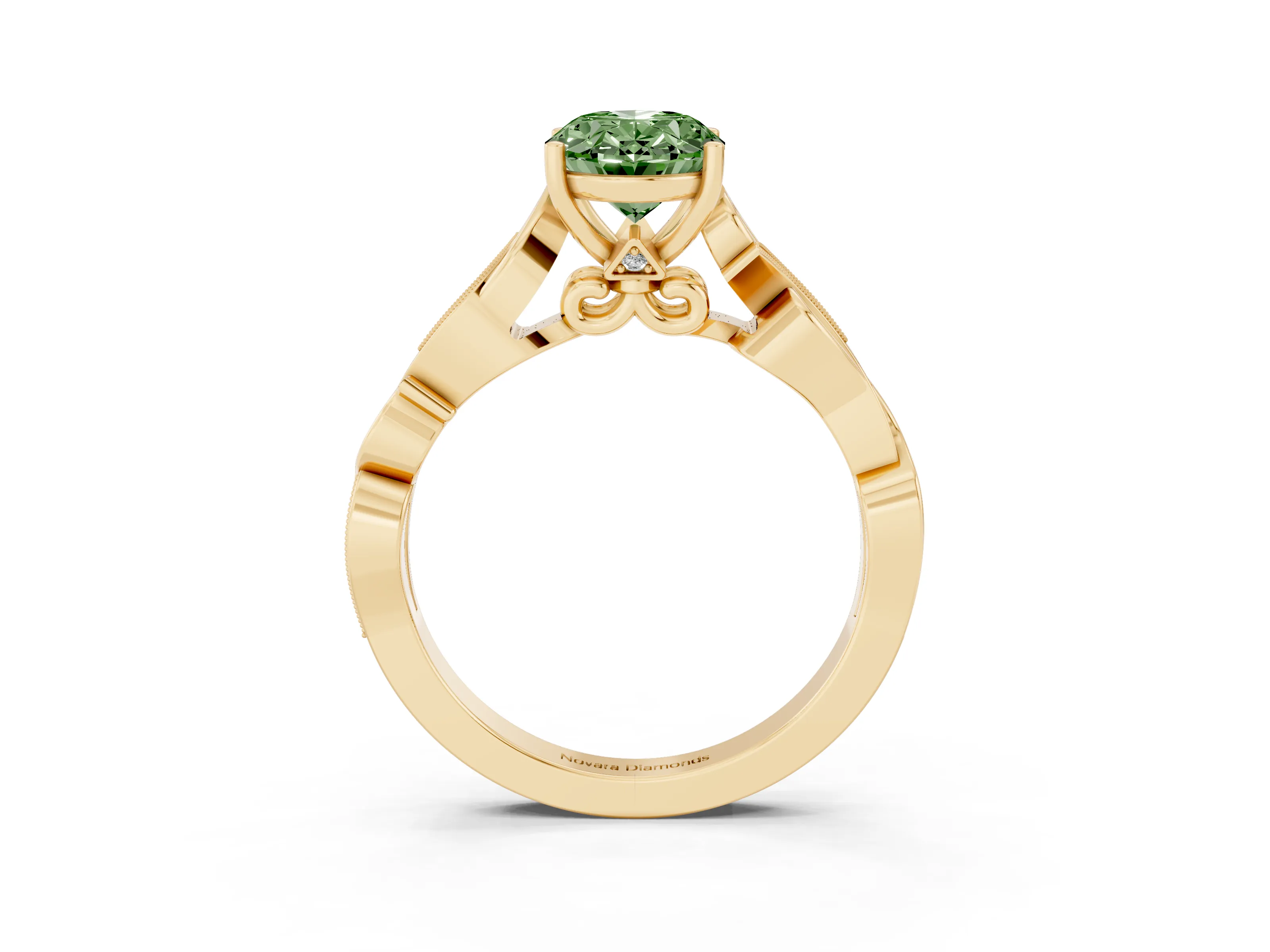 Fancy Green Oval Cut Diamond Vine Band Solitaire Ring Set in Yellow gold with Milgrain Prong Setting