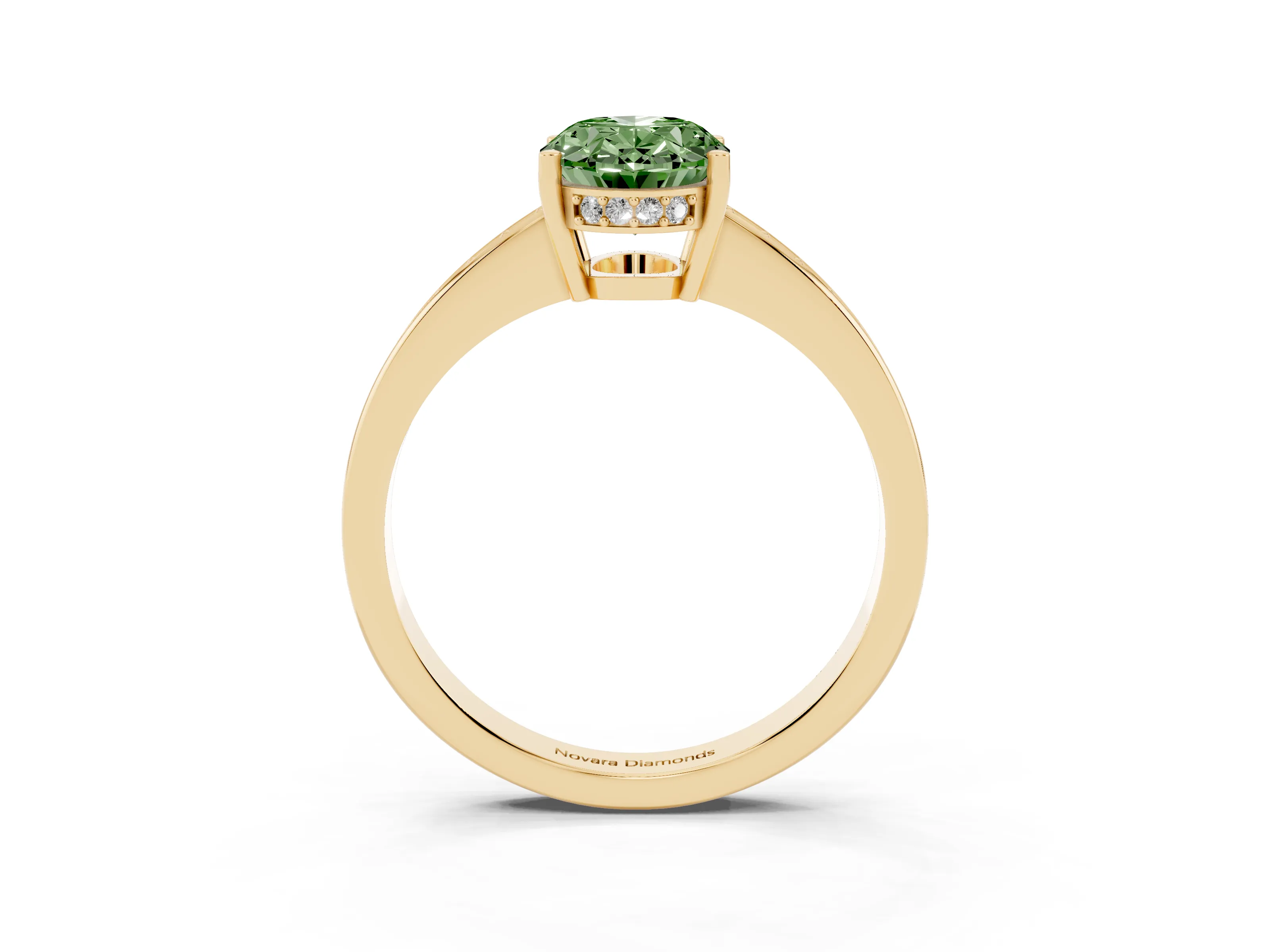 Fancy Green Oval Cut Diamond Pavé Band Prong Set Solitaire Ring Set in Yellow gold