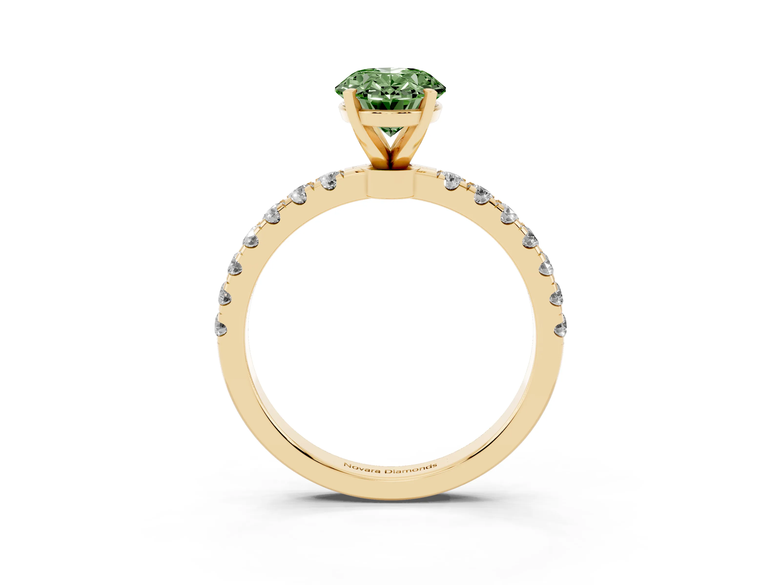 Fancy Green Oval Cut Diamond Solitaire Ring Set in Yellow gold with Pavé Accents and Prong Setting