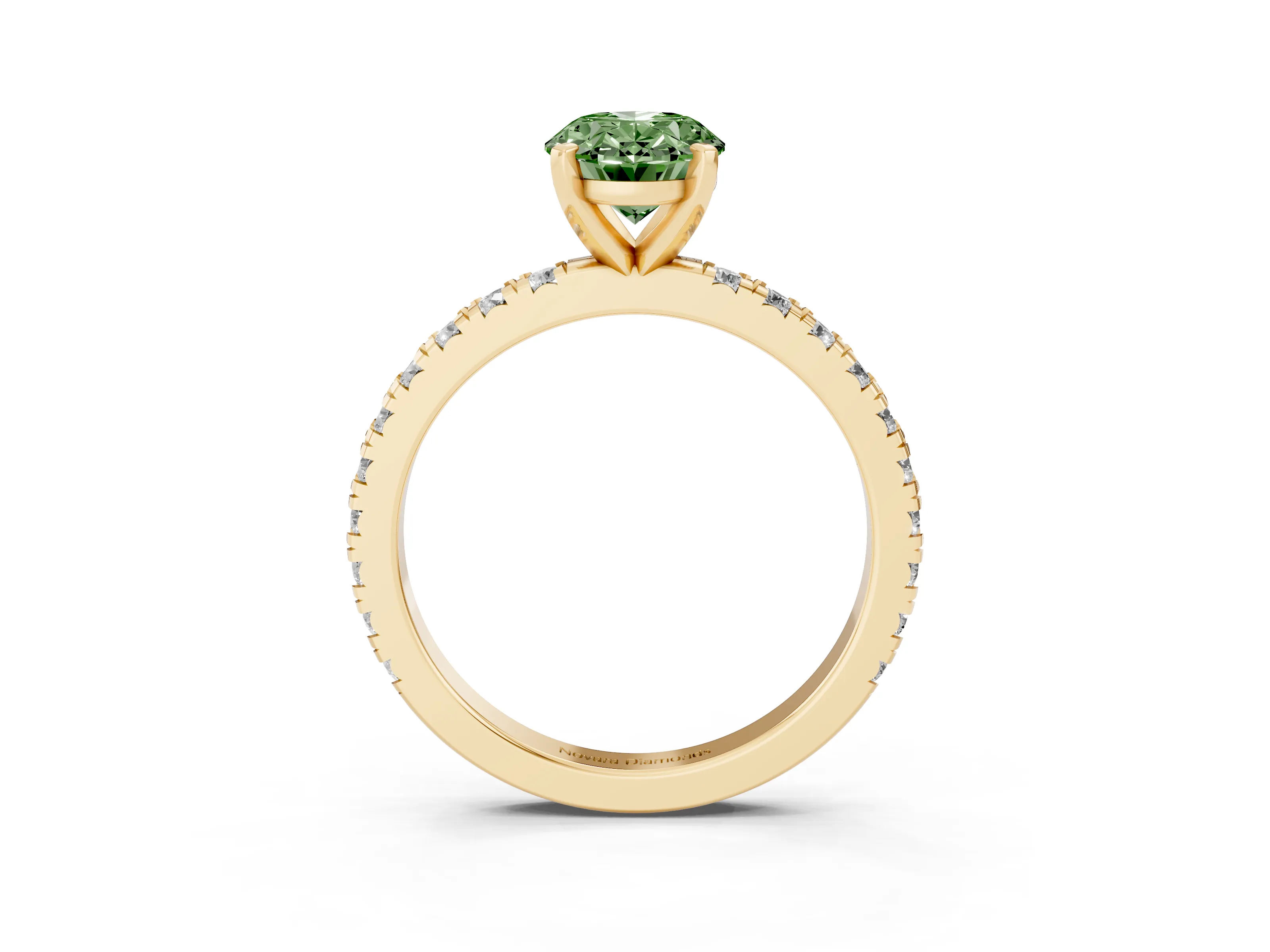 Fancy Green Oval Cut Diamond Pavé Band Solitaire Set in Yellow gold with Prong Setting