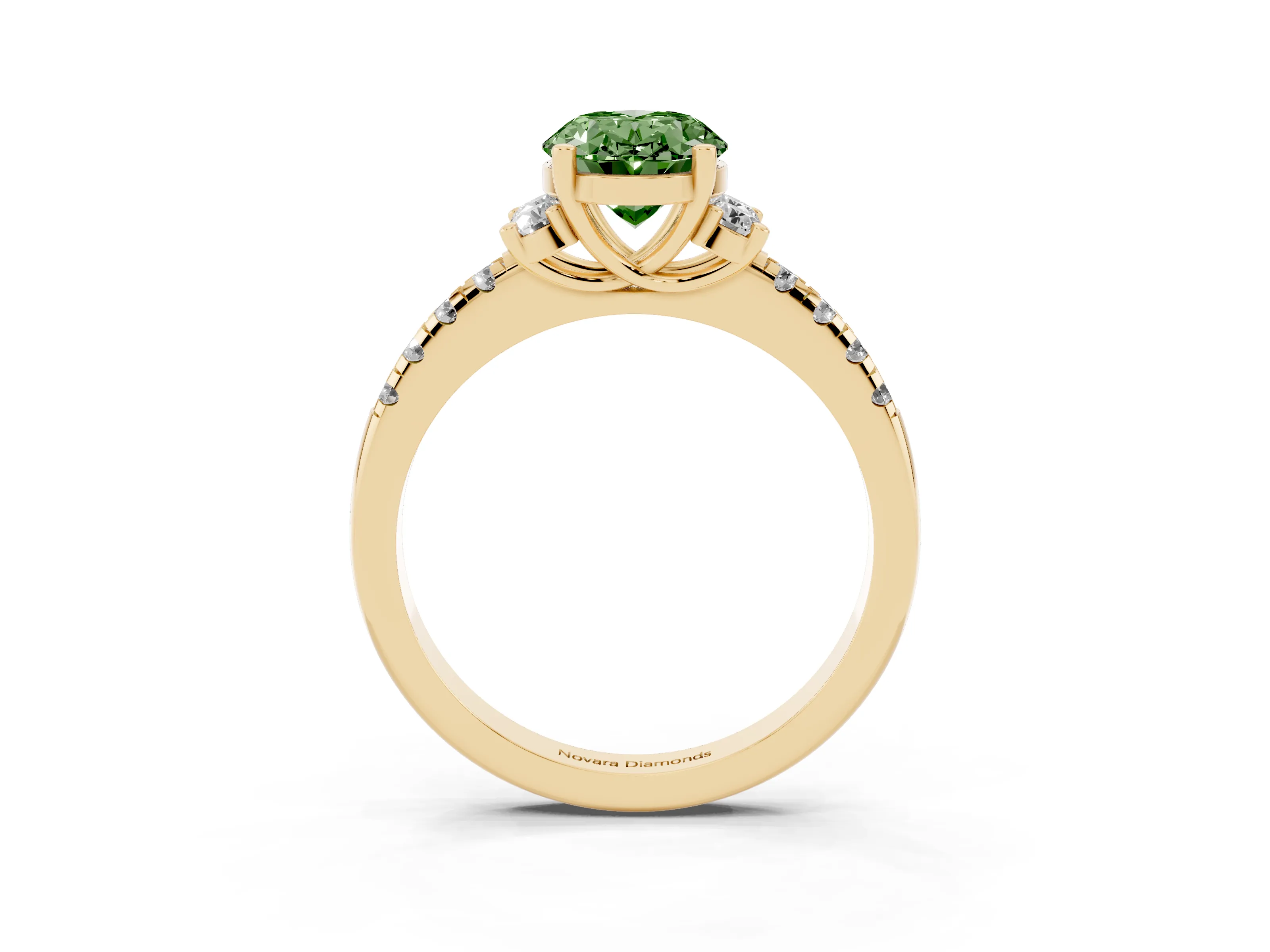 Fancy Green Oval Cut Diamond Three-Stone Pavé Ring Set in Yellow gold with Prong Setting