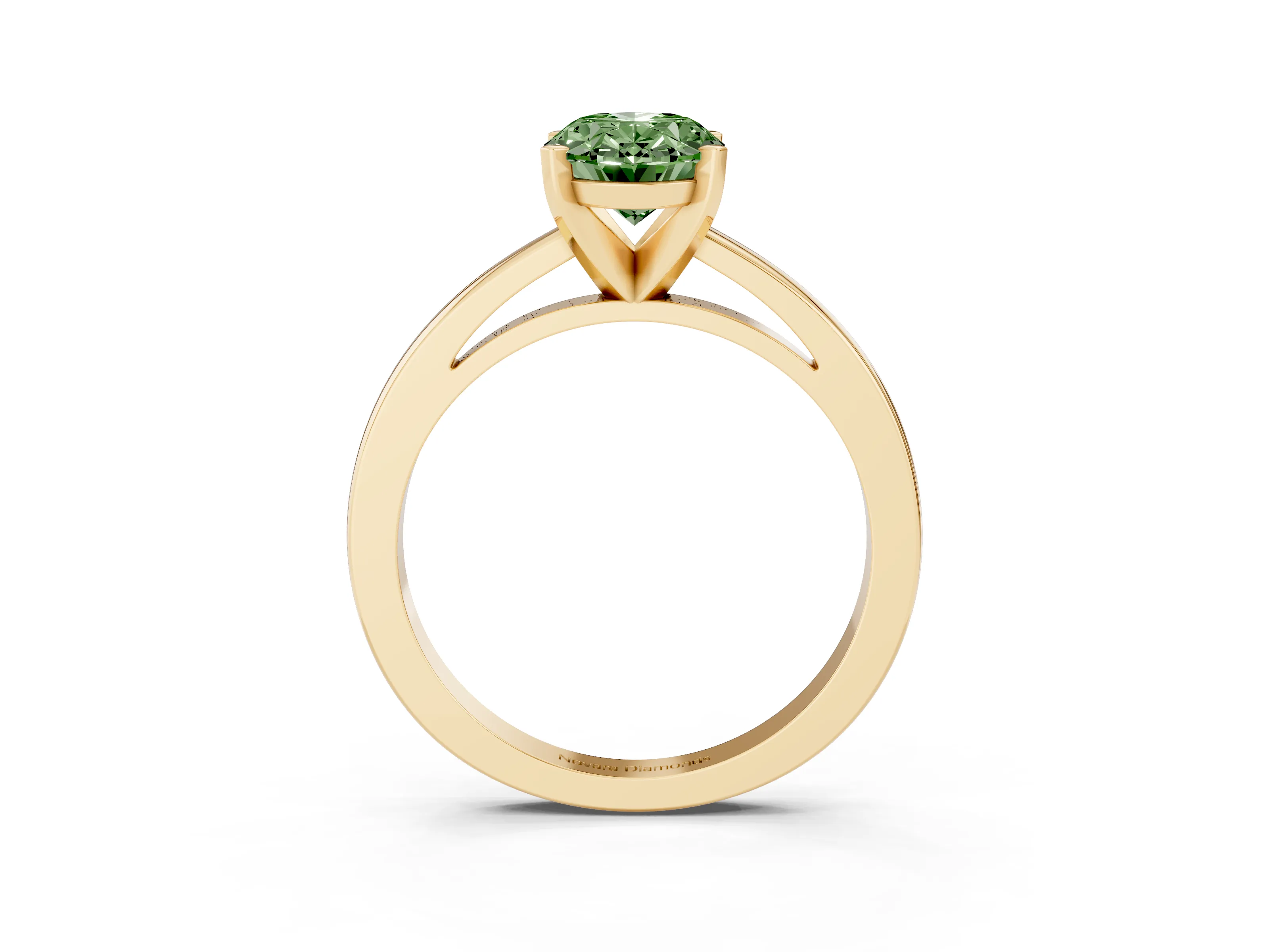 Fancy Green Oval Cut Diamond Solitaire Engagement Ring Set in Yellow gold with Prong Setting on a Classic Band