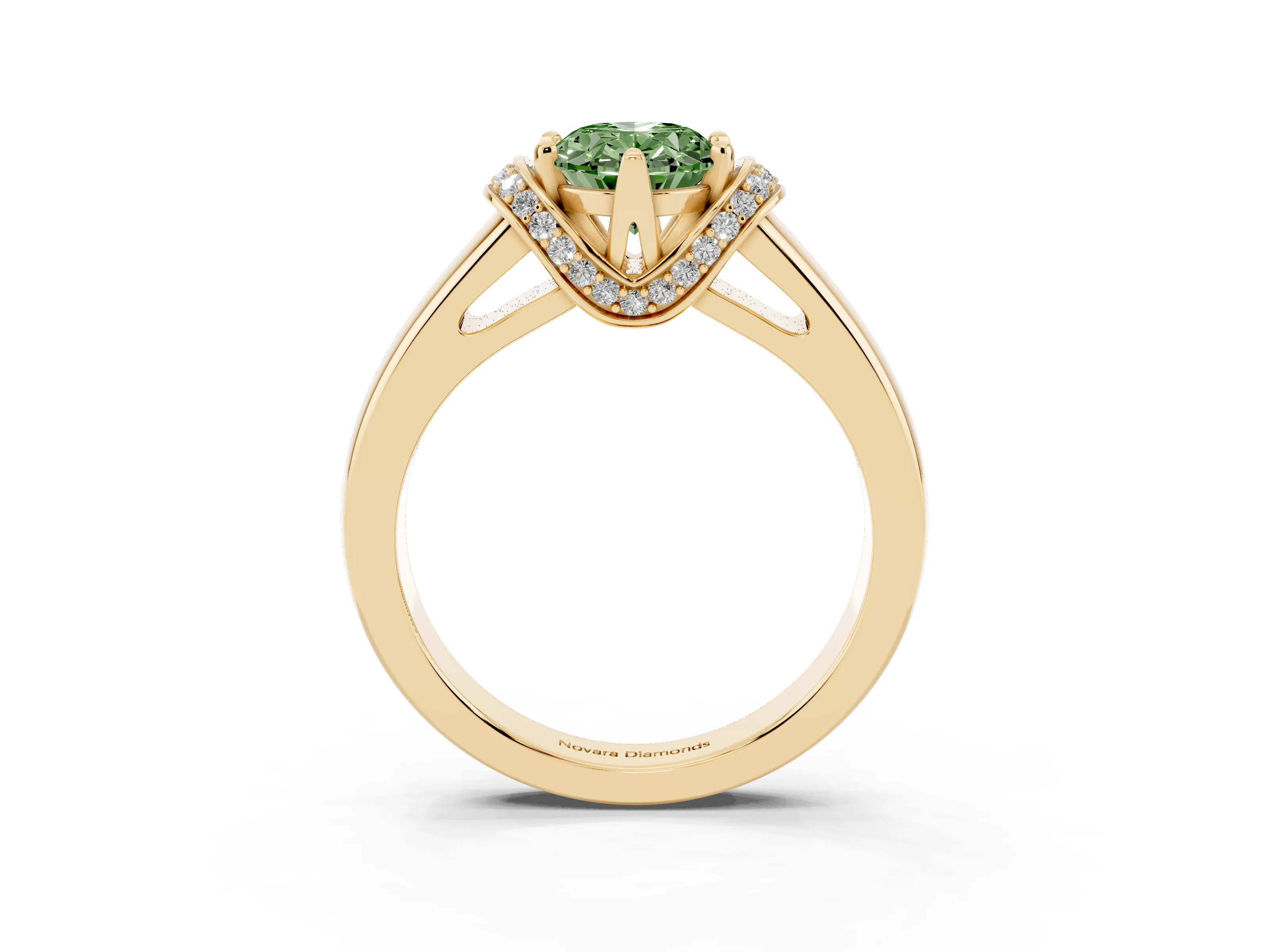 Fancy Green Oval Cut Diamond Pavé Band Solitaire Ring Set in Yellow gold with Prong Setting