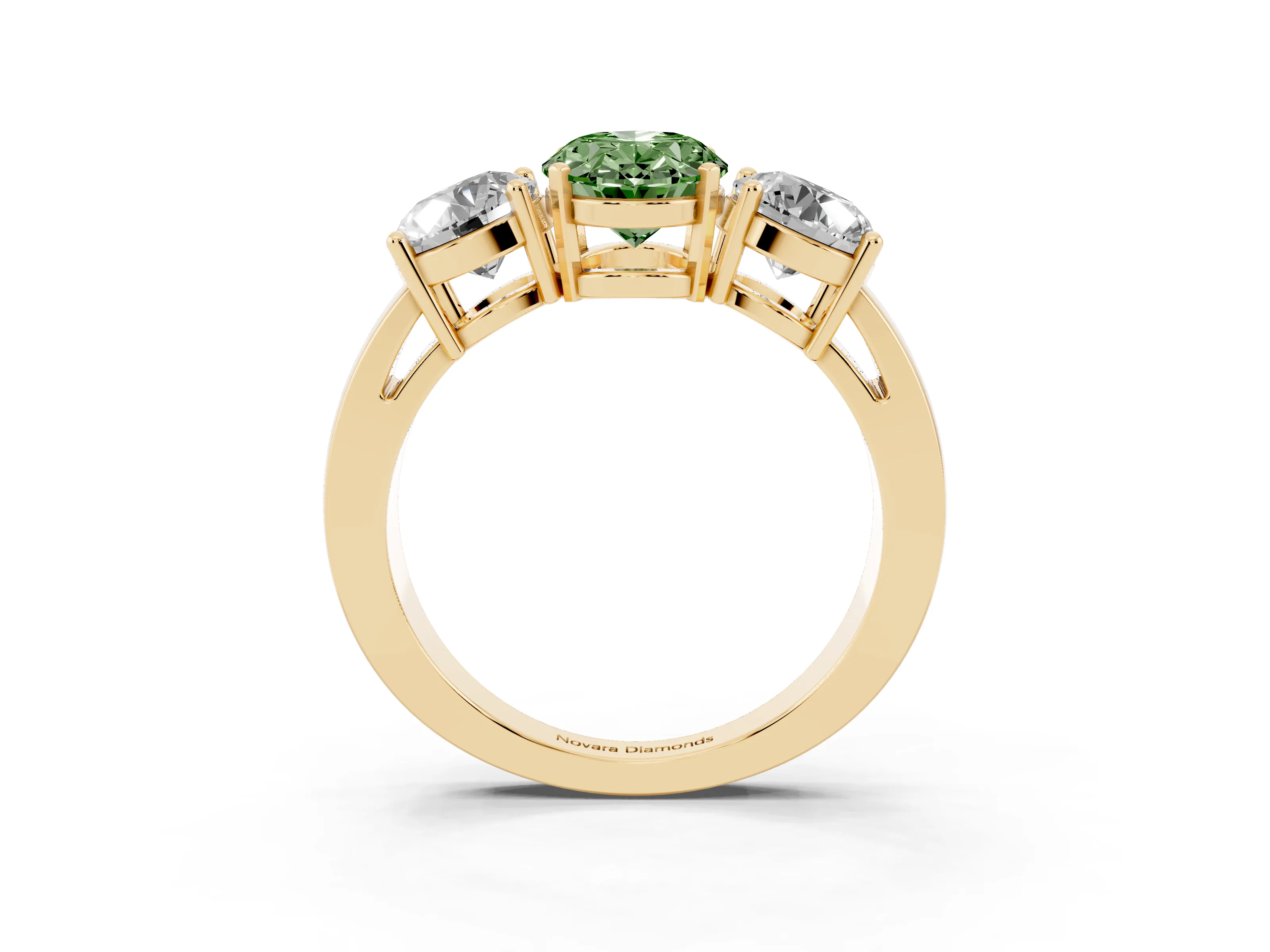 Fancy Green Oval Cut Diamond Three-Stone Ring Set in Yellow gold with Round Side Stones and Classic Band