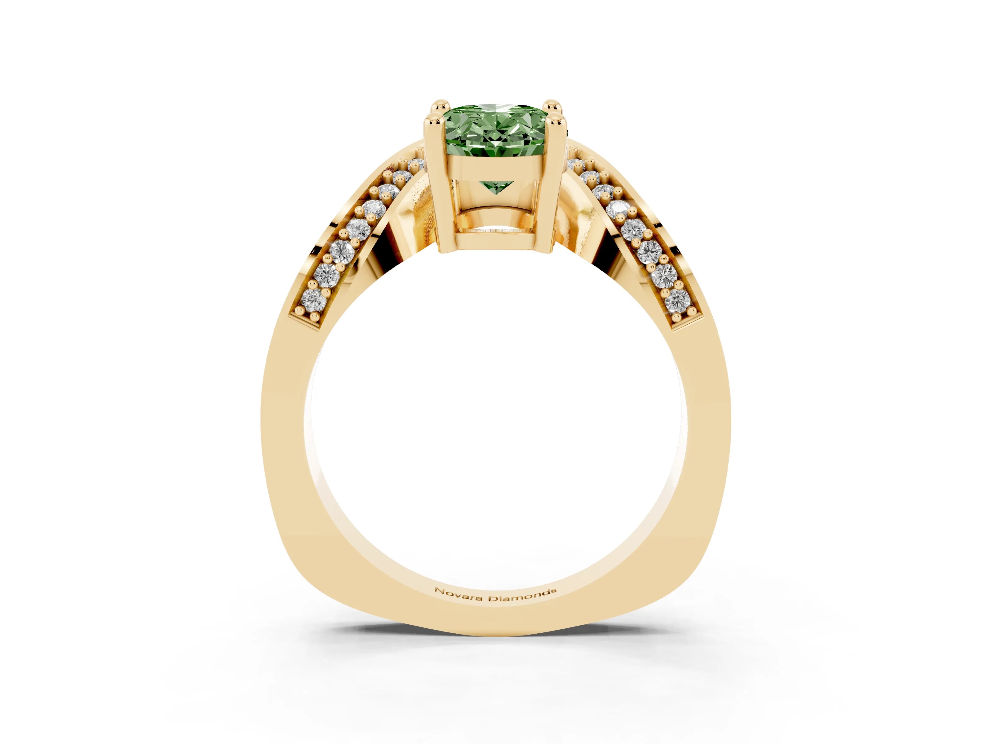 Fancy Green Oval Cut Diamond Solitaire Engagement Ring Set in Yellow gold with Pavé Shoulders