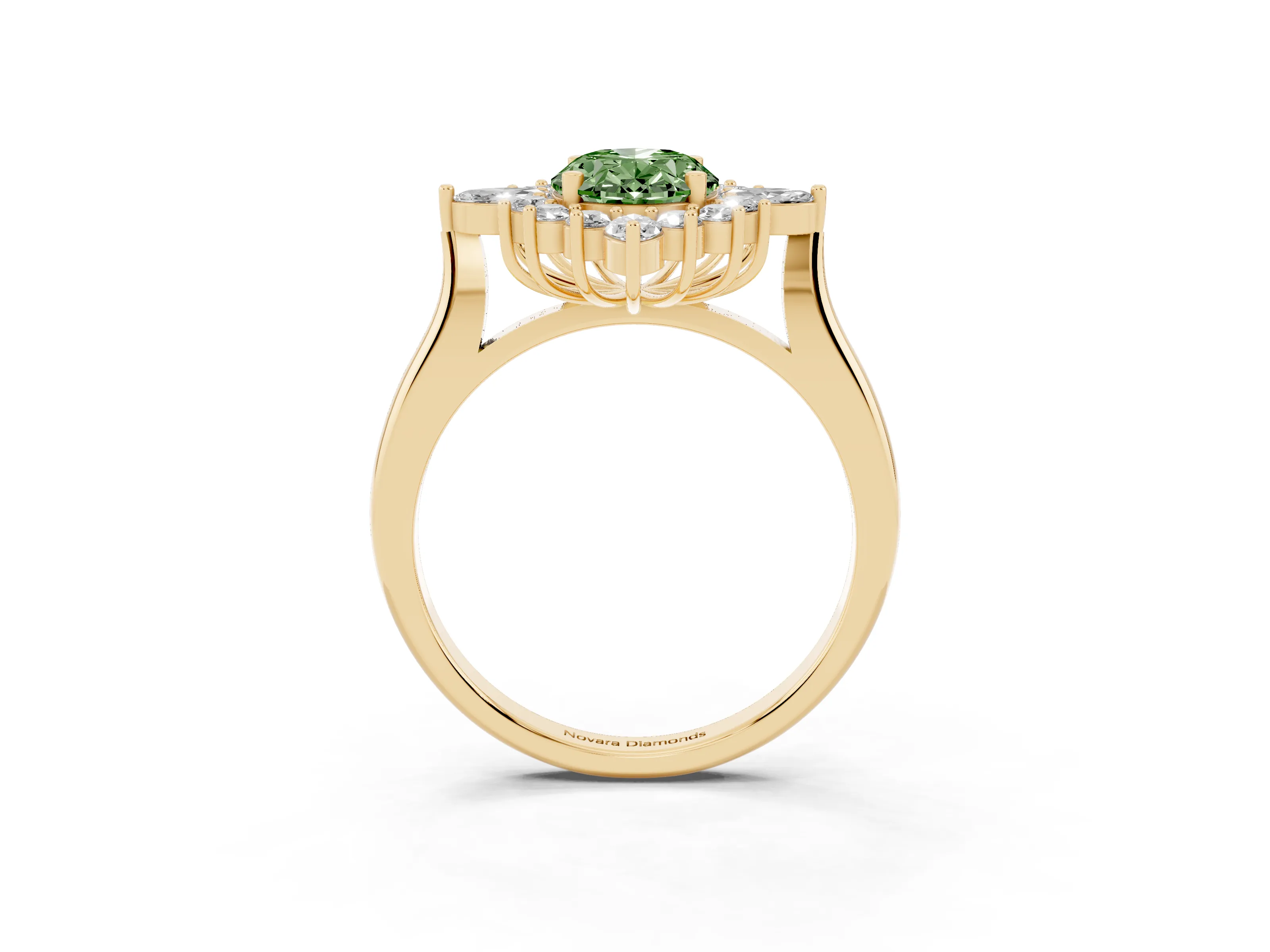 Fancy Green Oval Cut Diamond Cluster Halo Ring Set in Yellow gold with Marquise and Round Accents