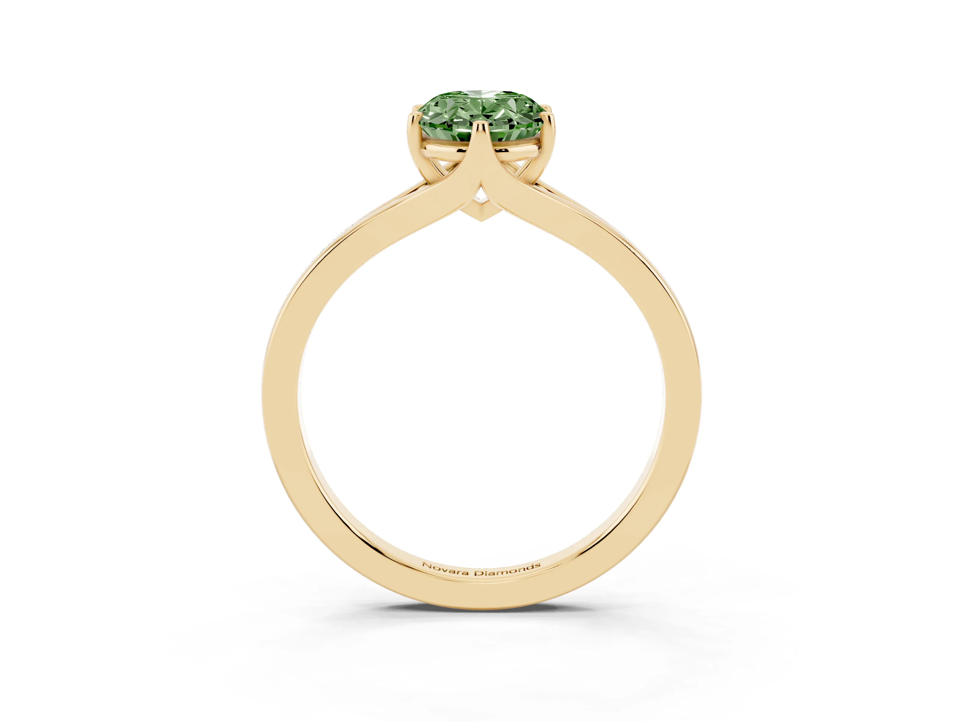 Fancy Green Oval Cut Diamond Solitaire Ring Set in Yellow gold with Polished Tapered Band and Prong Setting