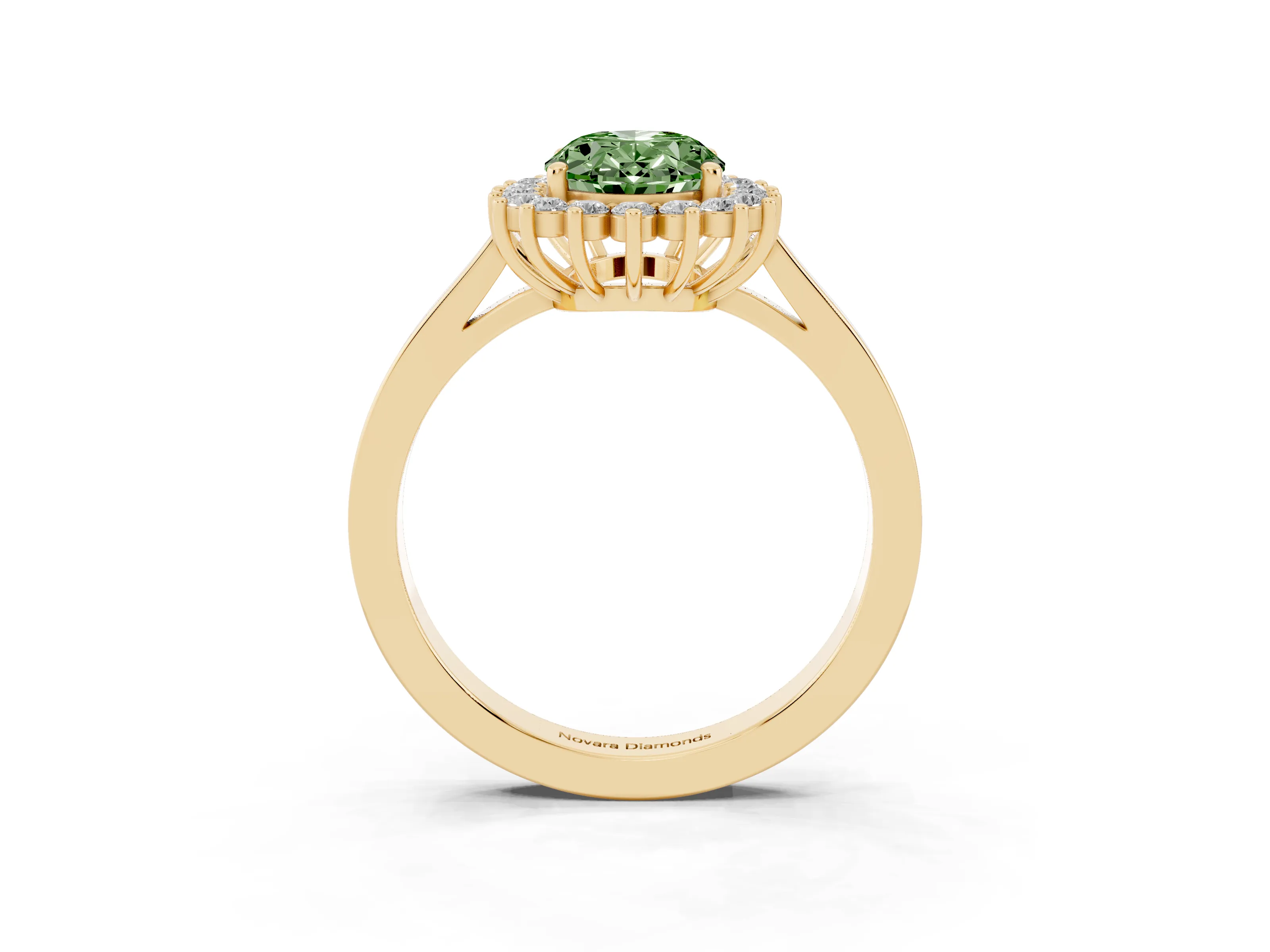 Fancy Green Oval Cut Diamond Halo Ring Set in Yellow gold with Round Halo and Smooth Solitaire Band