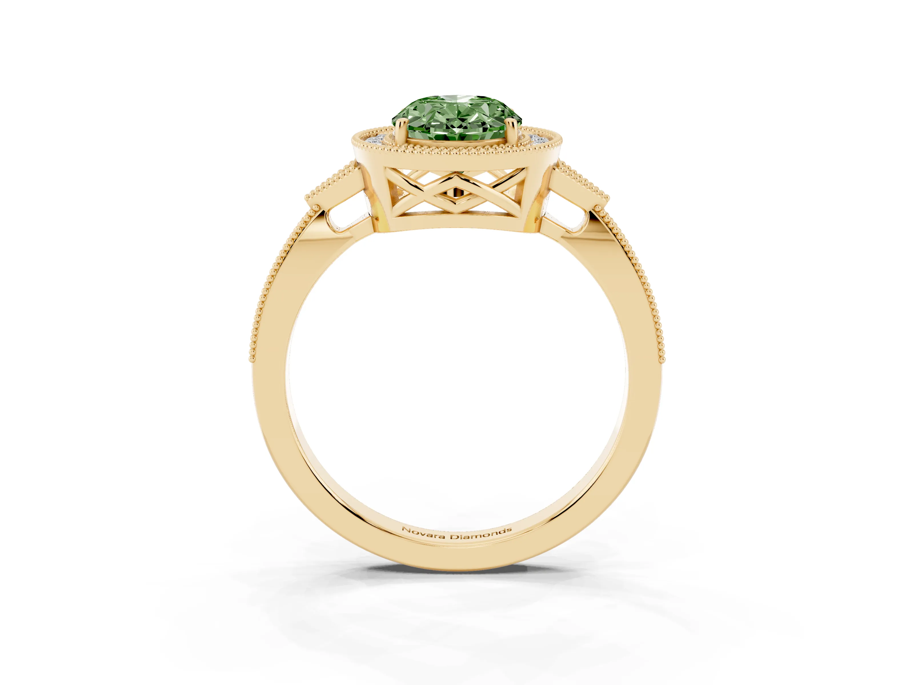 Fancy Green Oval Cut Diamond Halo Engagement Ring Set in Yellow gold with Milgrain Pavé Band