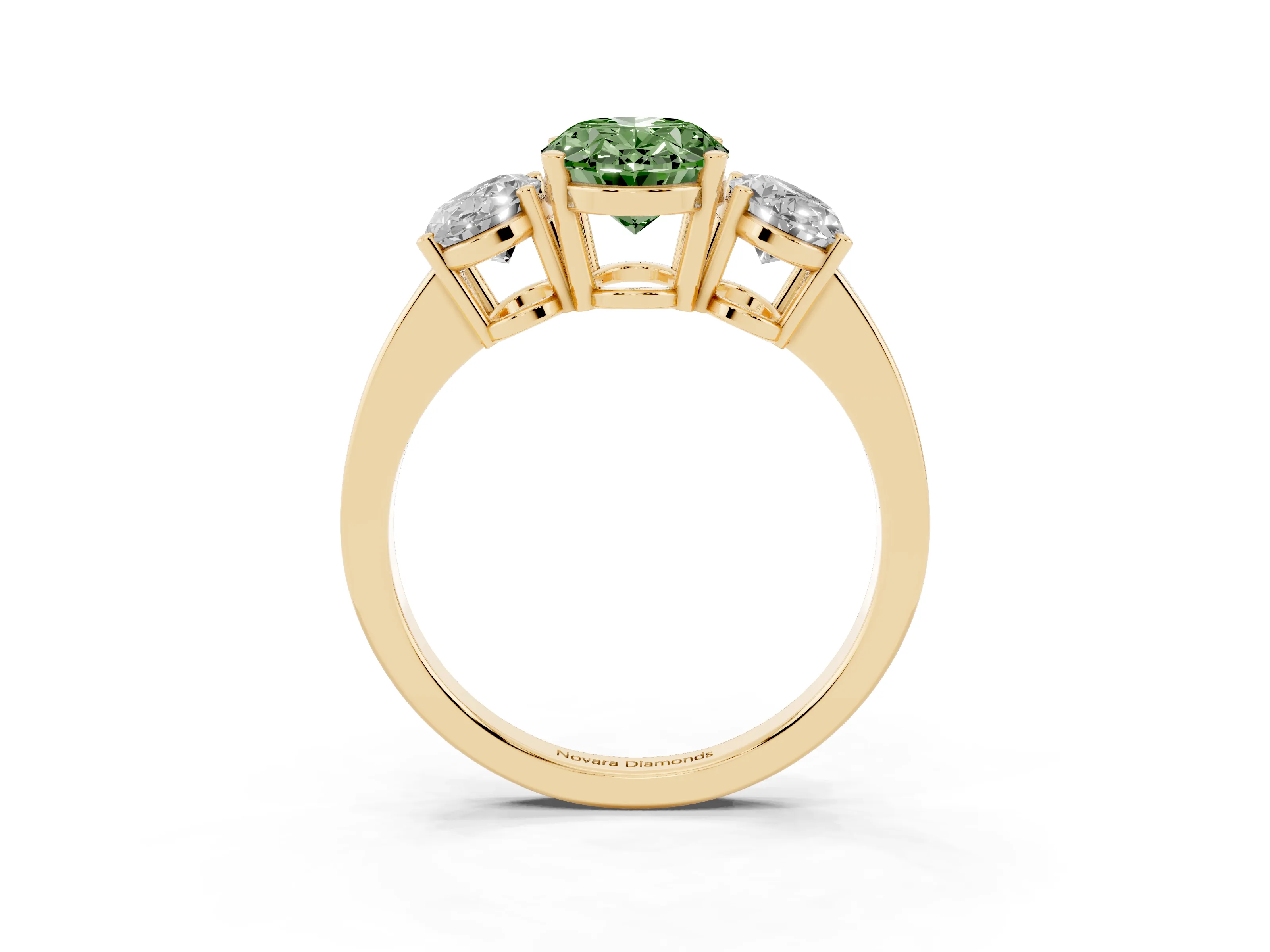 Fancy Green Oval Cut Diamond Three-Stone Engagement Ring Set in Yellow gold with Flat Band
