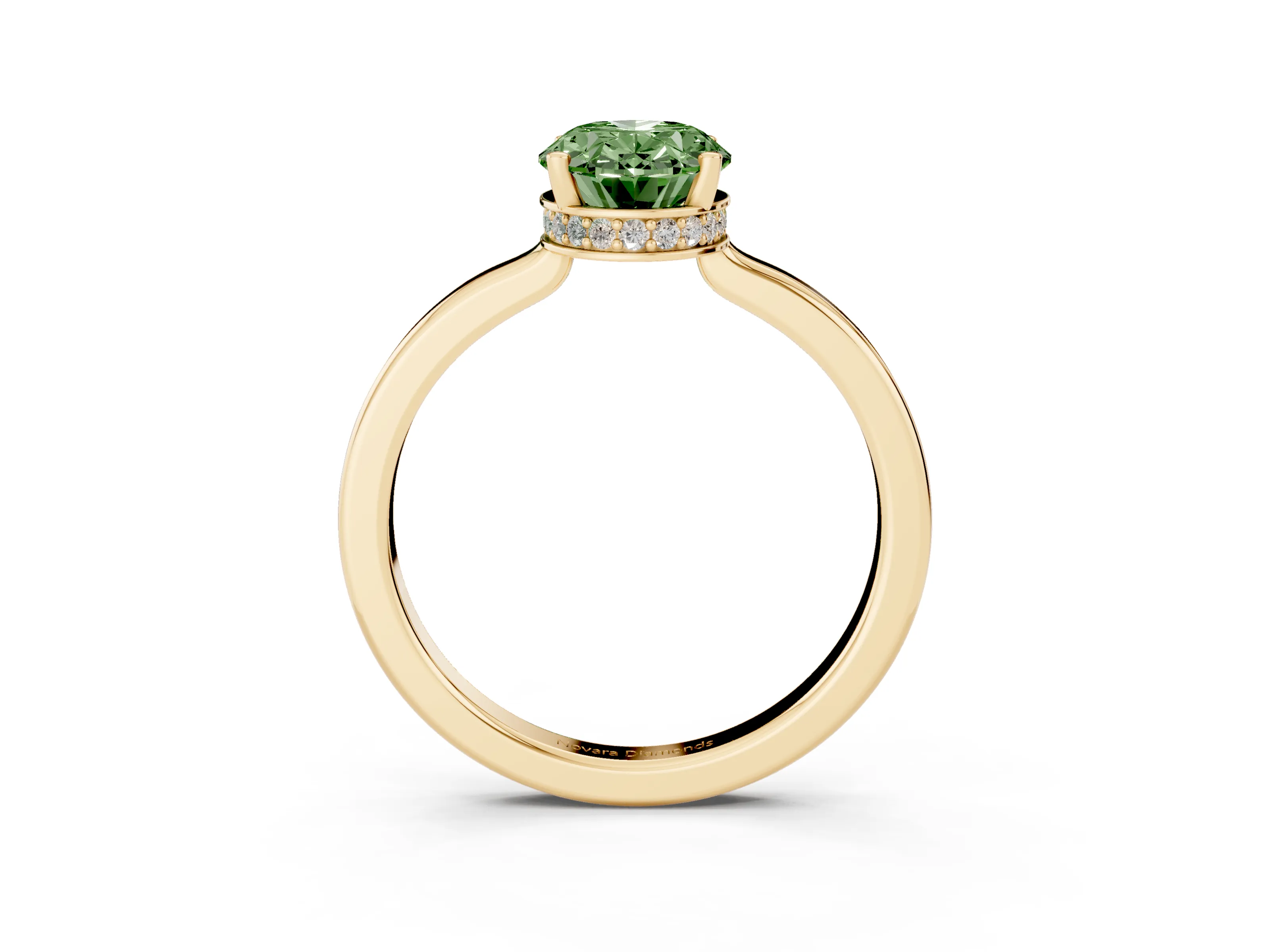 Fancy Green Oval Cut Diamond Solitaire Engagement Ring Set in Yellow gold with Prong Setting on a Plain Band