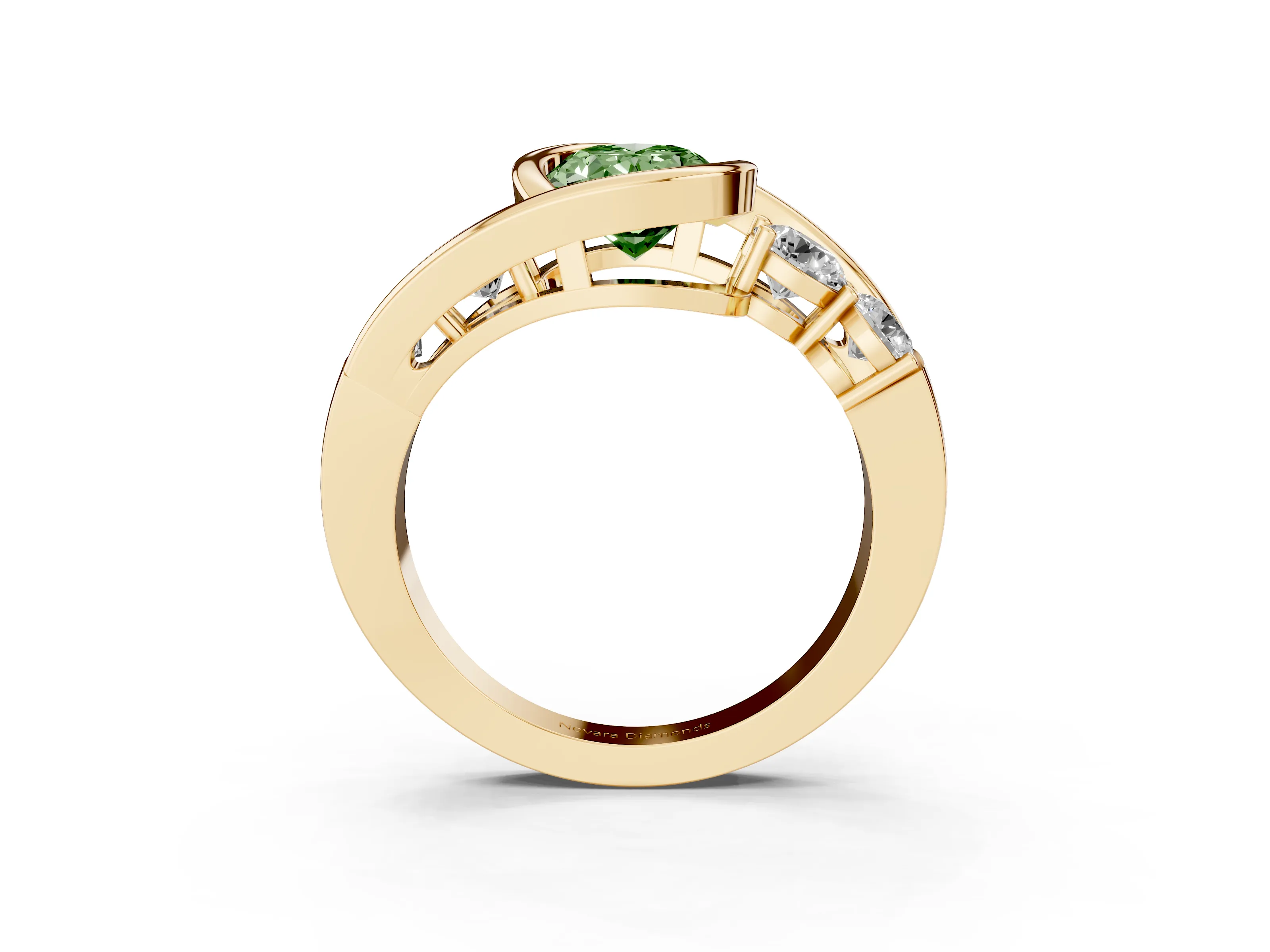 Fancy Green Oval Cut Diamond Bezel Bypass Ring Set in Yellow gold with Round Accents