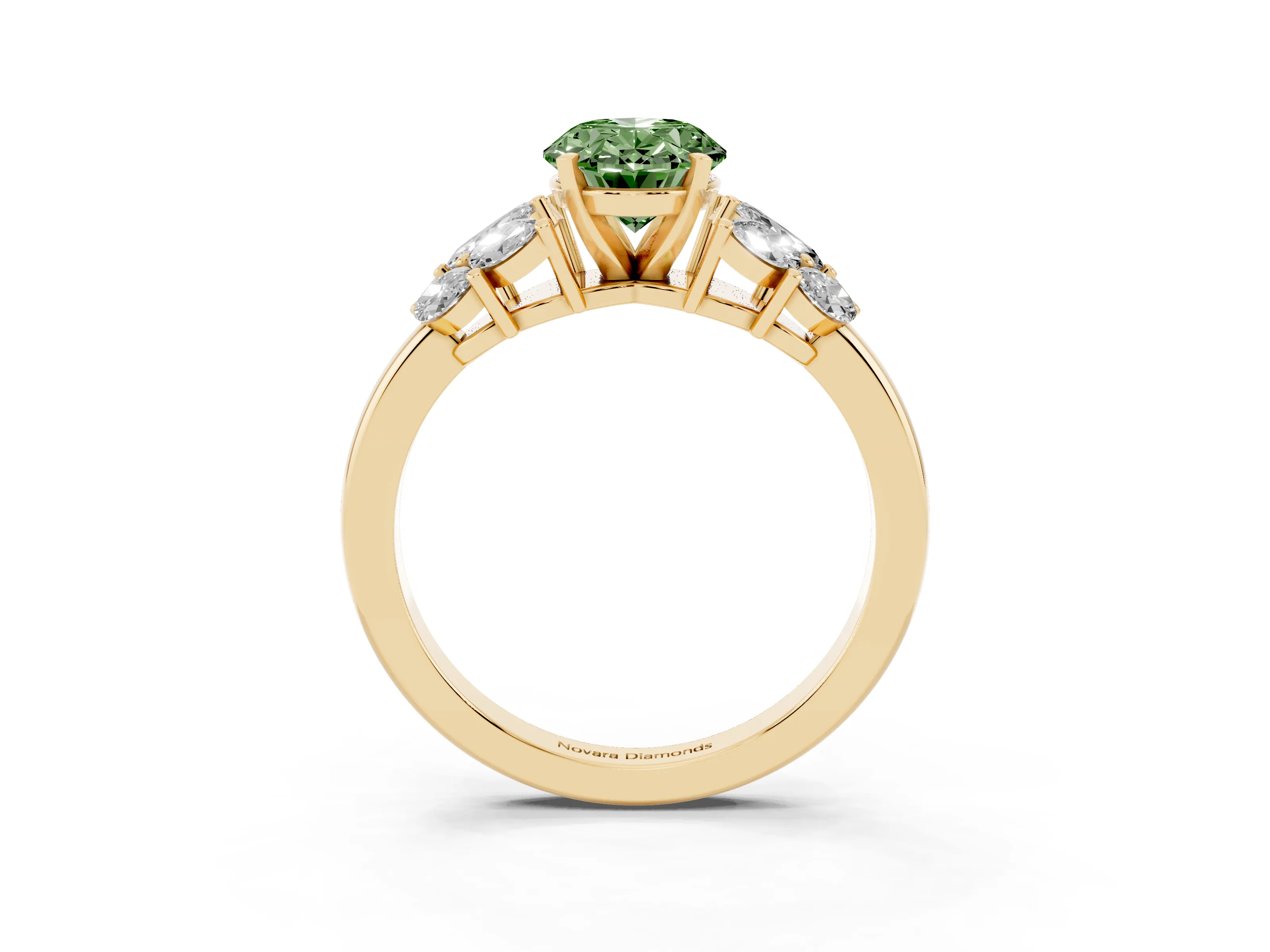 Fancy Green Oval Cut Diamond Cluster Leaf Design Ring Set in Yellow gold with Prong Setting