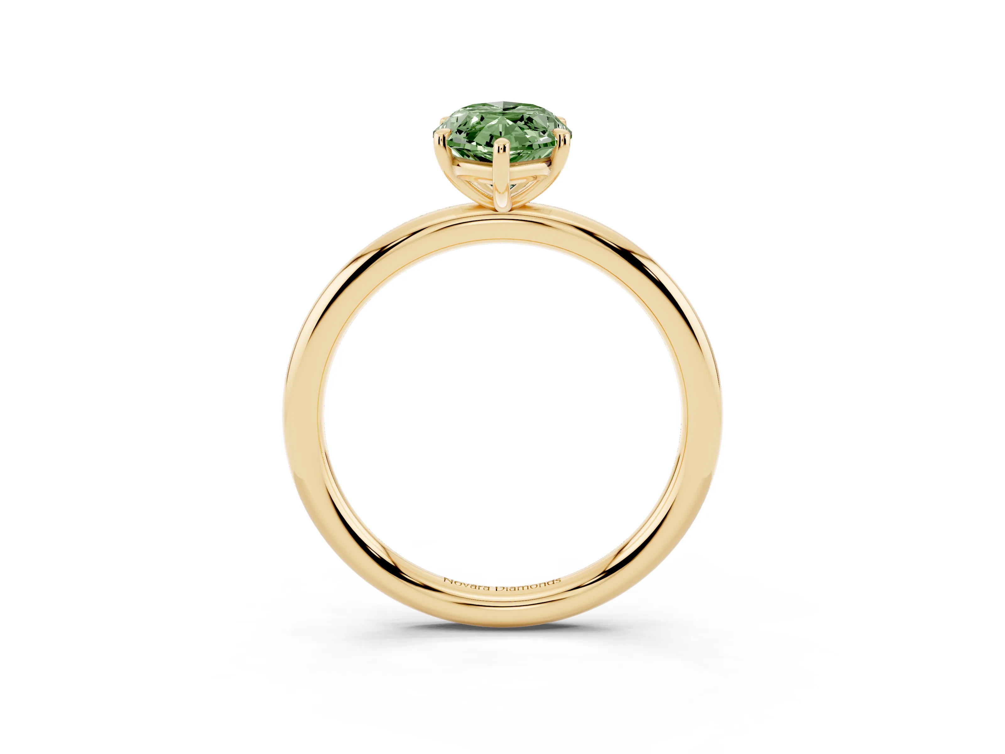 Fancy Green Oval Cut Diamond Solitaire Ring Set in Yellow gold with Prong Setting on a Polished Plain Band