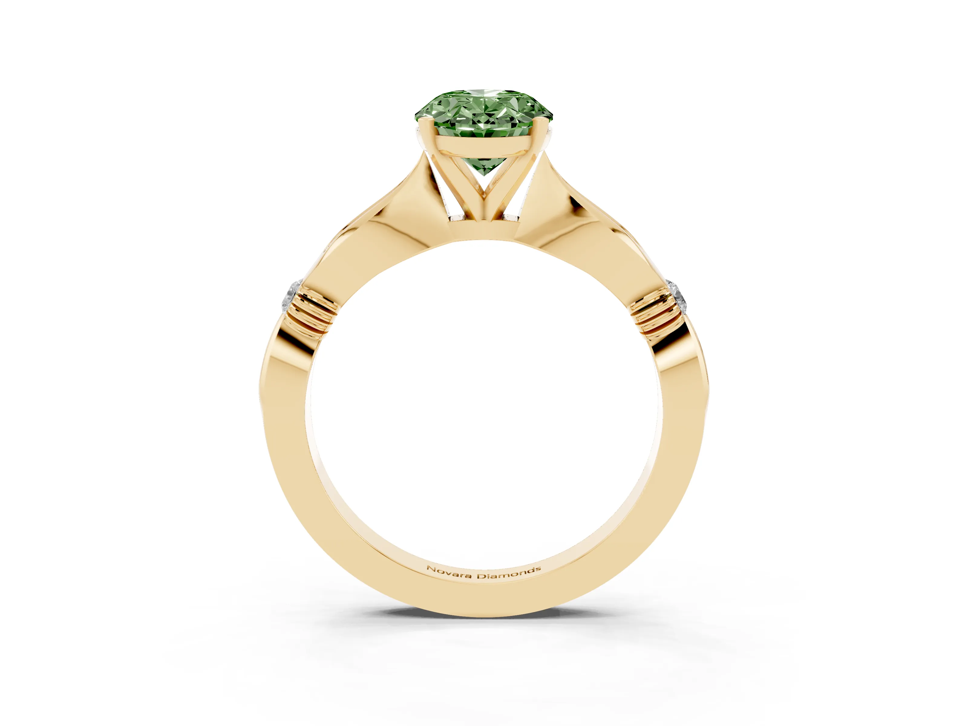 Fancy Green Oval Cut Diamond Solitaire Twisted Band Ring Set in Yellow gold with Accent Stones and Prong Setting