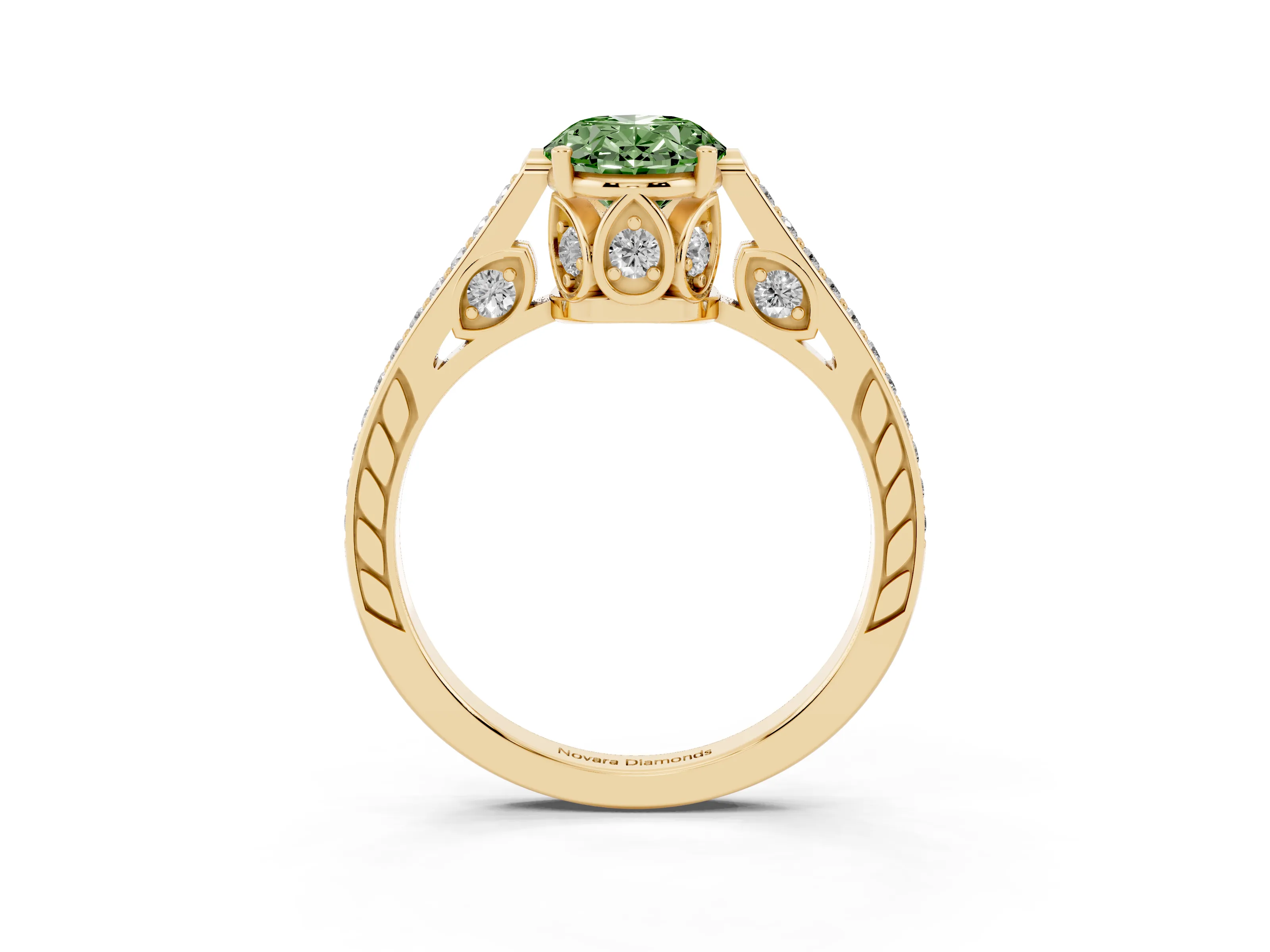 Fancy Green Oval Cut Diamond Cathedral Pavé Engagement Ring Set in Yellow gold with Prong Setting