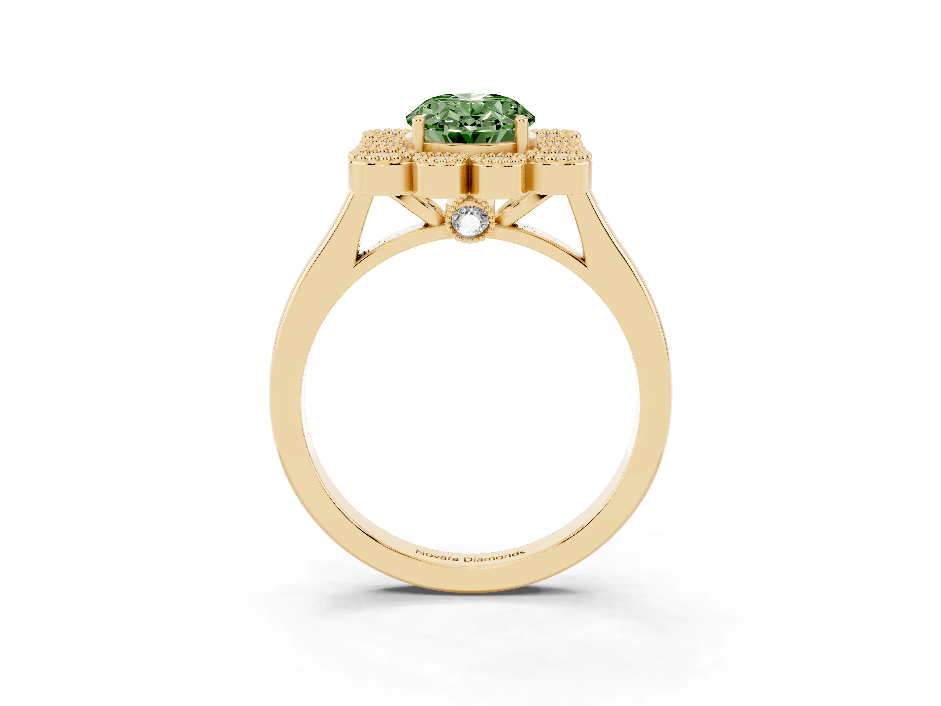 Fancy Green Oval Cut Diamond Cluster Halo Ring Set in Yellow gold with Milgrain Bezel Accents and Plain Band