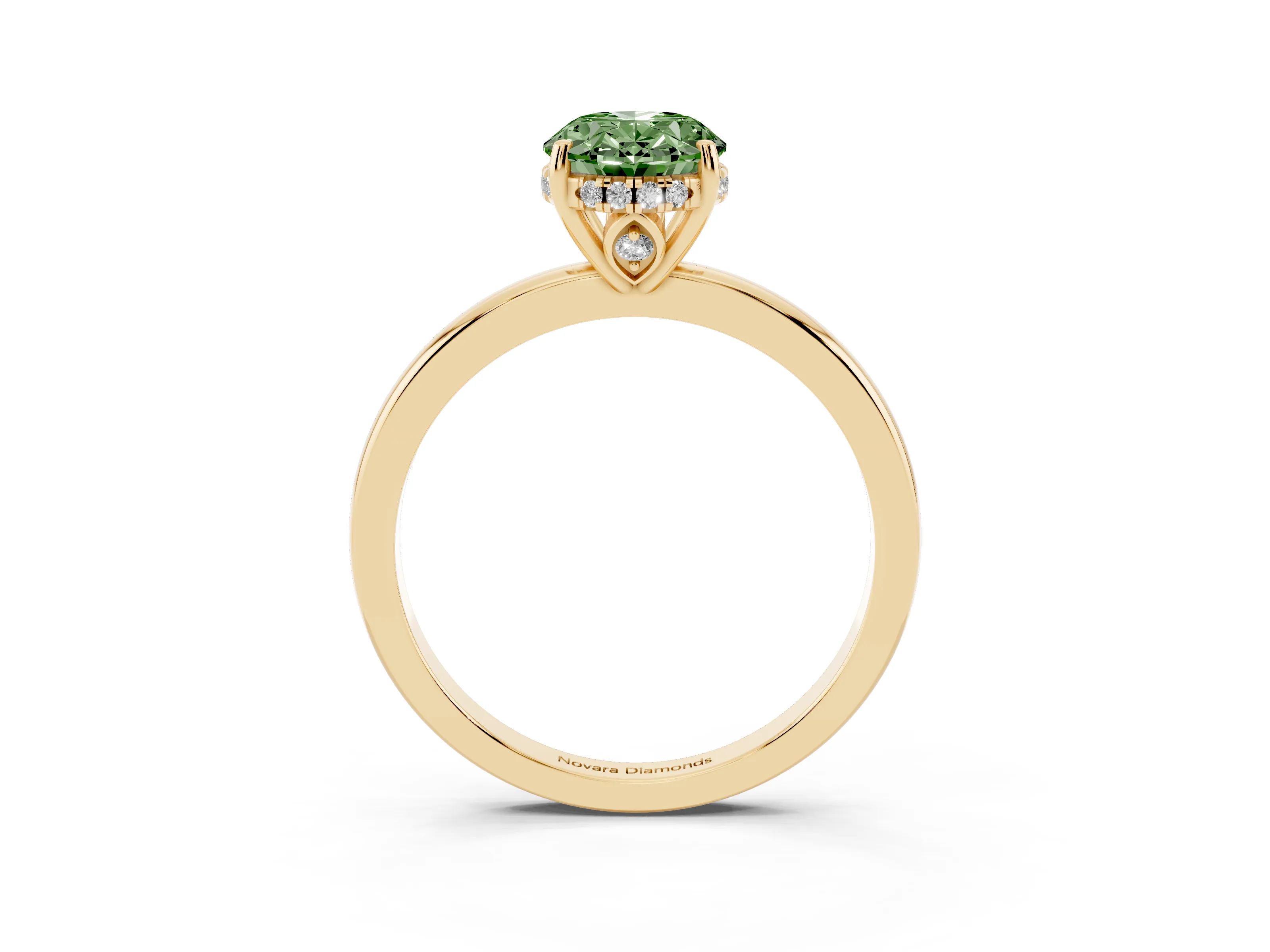 Fancy Green Oval Cut Diamond Solitaire Ring Set in Yellow gold with Plain Band and Prong Setting