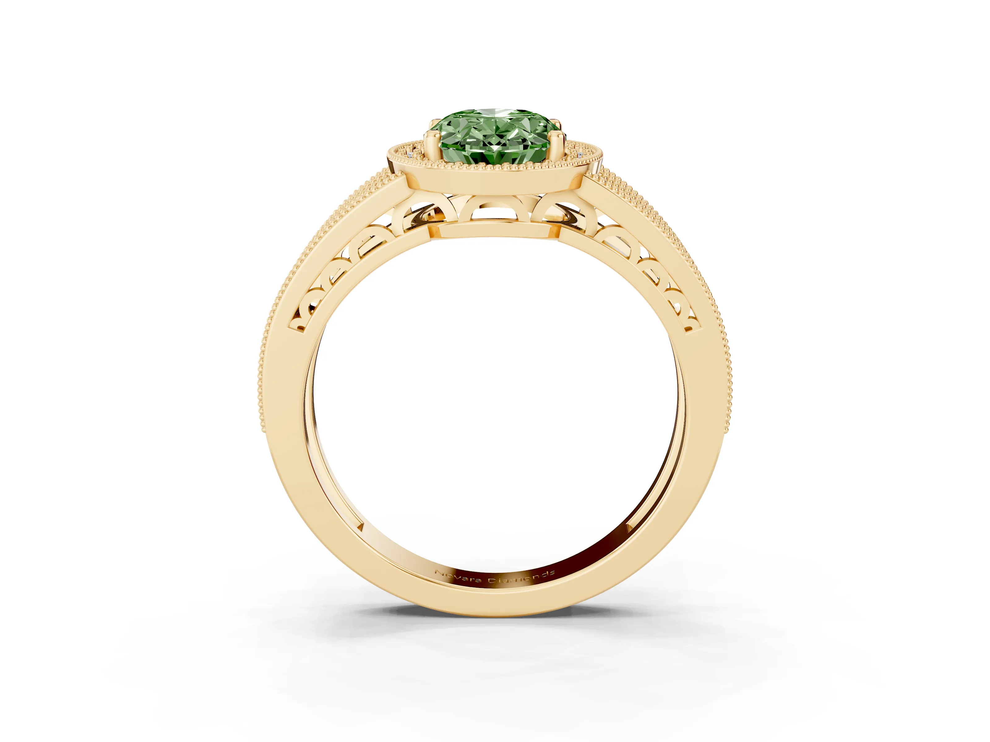 Fancy Green Oval Cut Diamond Halo Ring Set in Yellow gold with Accent Split Shank and Prong Setting