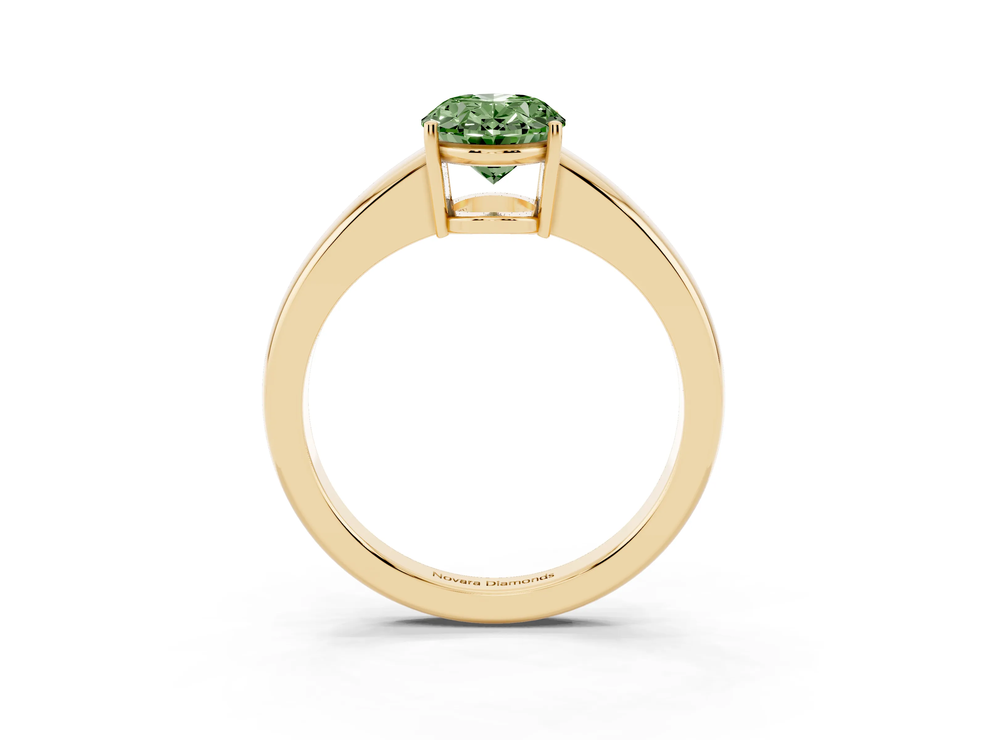 Fancy Green Oval Cut Diamond Solitaire Ring Set in Yellow gold with Tapered Band and Prong Setting