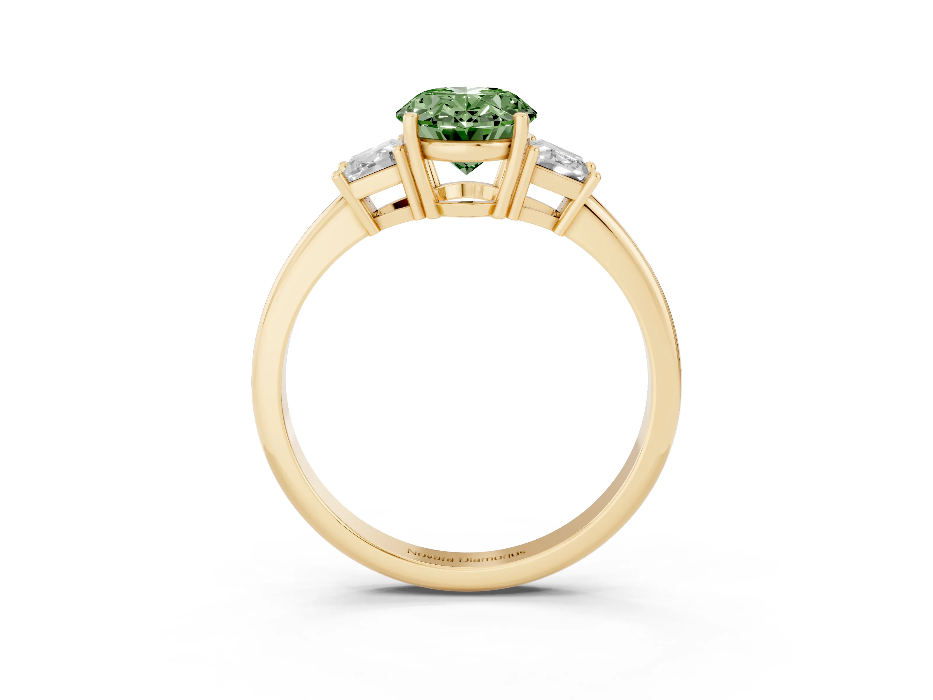 Fancy Green Oval Cut Diamond Three-Stone Ring Set in Yellow gold with Trapezoid Side Stones and Prong Setting