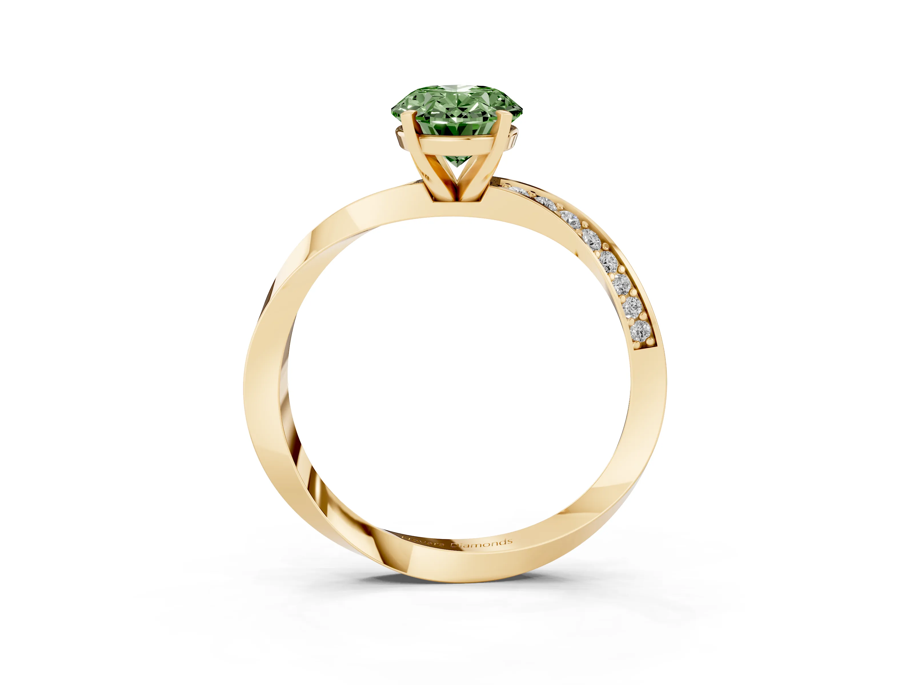 Fancy Green Oval Cut Diamond Engagement Ring Set in Yellow gold with Side Stone Accents and Prong Setting