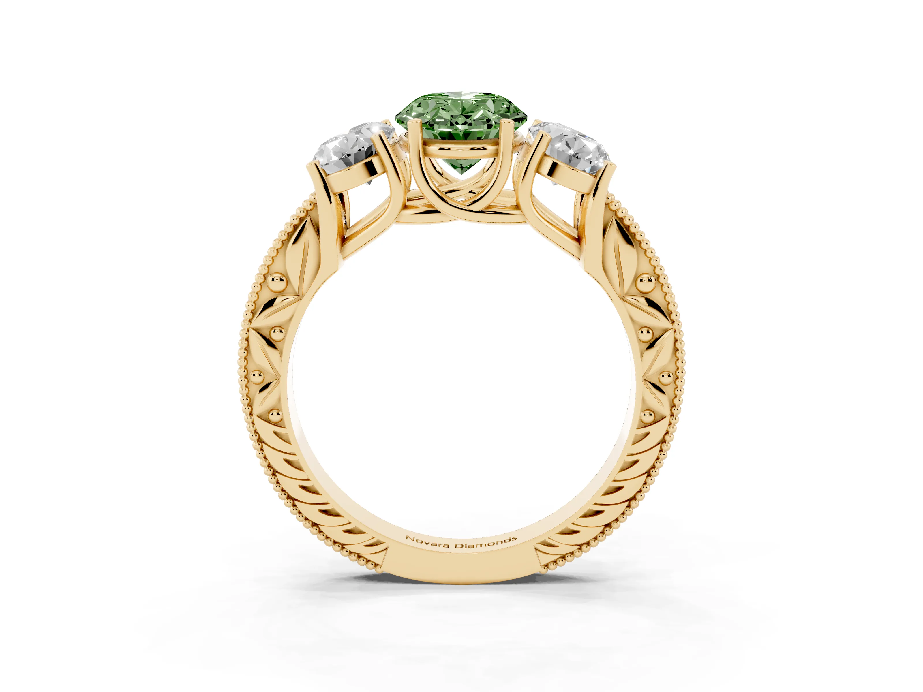 Fancy Green Oval Cut Diamond Three-Stone Engagement Ring Set in Yellow gold with Milgrain Pavé Band