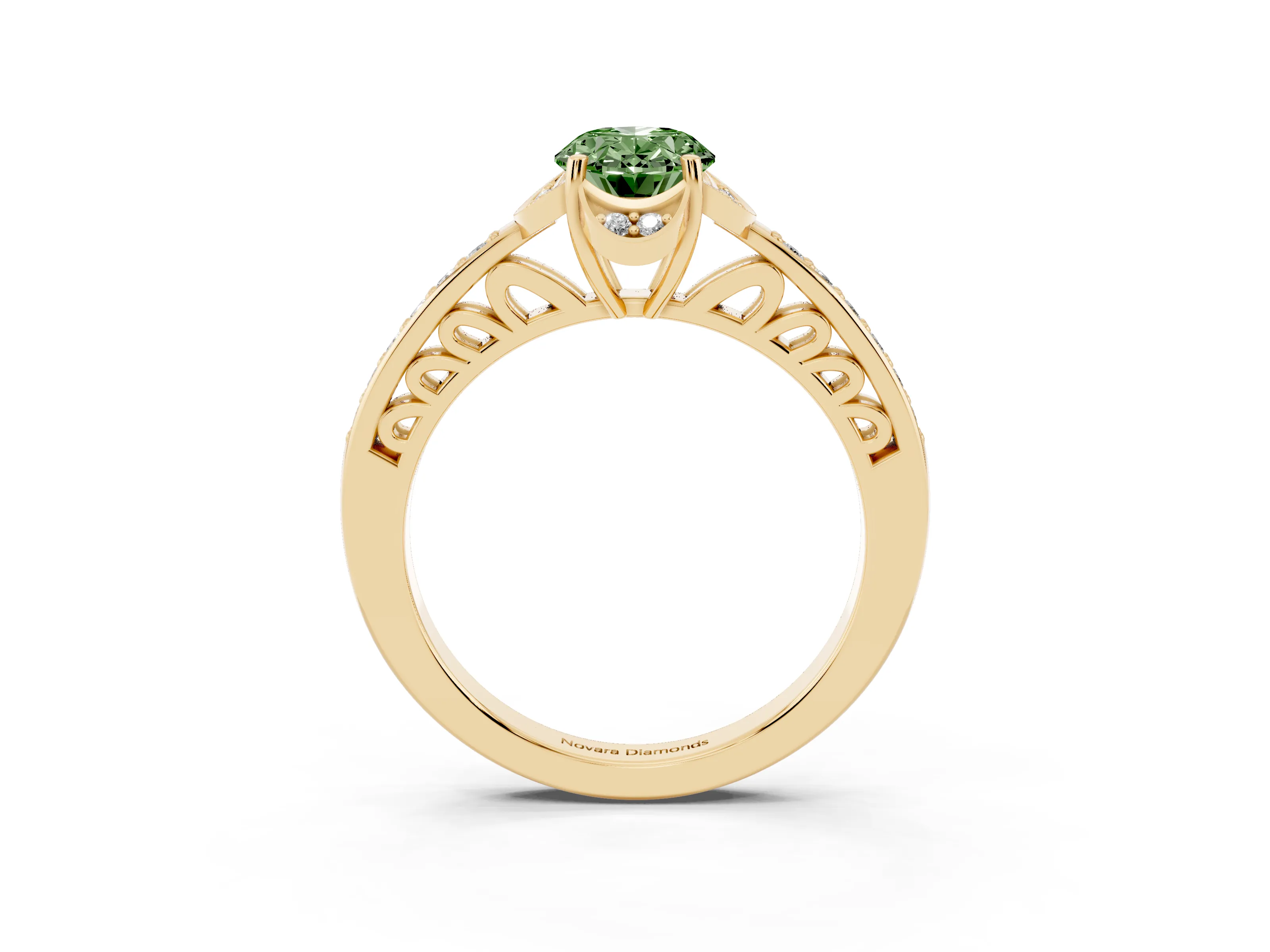 Fancy Green Oval Cut Diamond Halo Ring Set in Yellow gold with Channel Set Band and Prong Setting