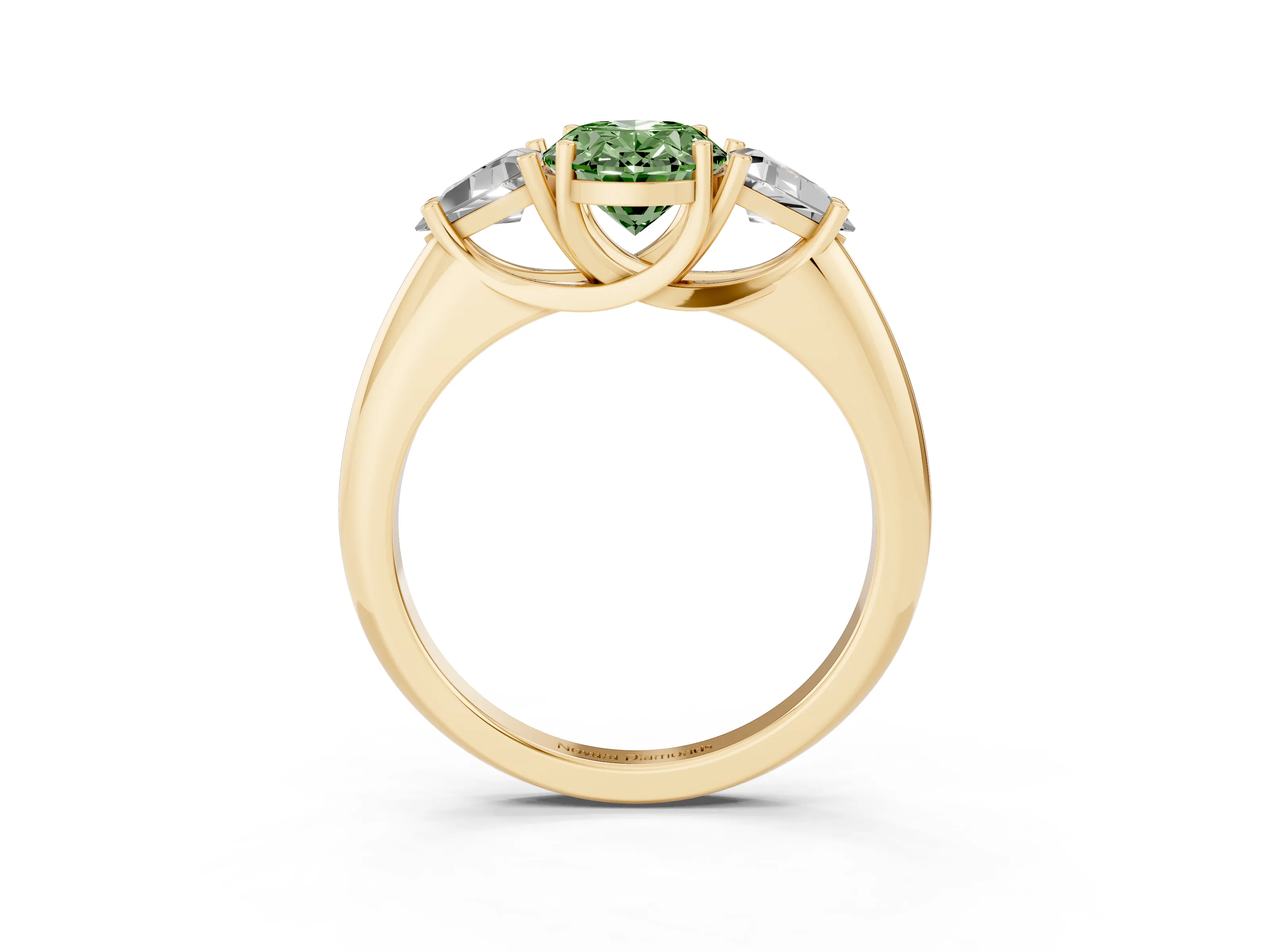 Fancy Green Oval Cut Diamond Three-Stone Engagement Ring Set in Yellow gold with Trillion Side Stones