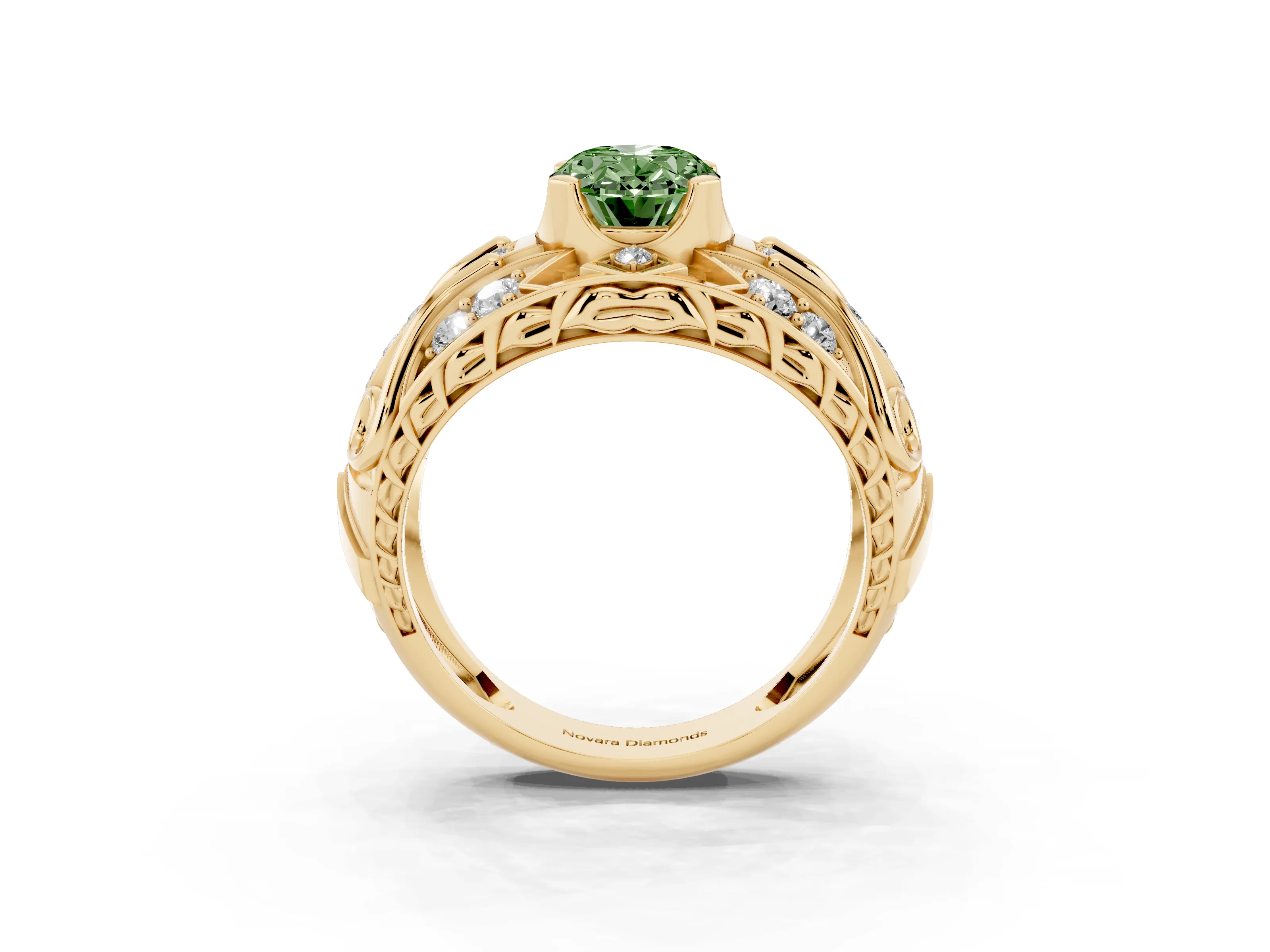 Fancy Green Oval Cut Diamond Art Deco Ring Set in Yellow gold with Pavé Split Shank