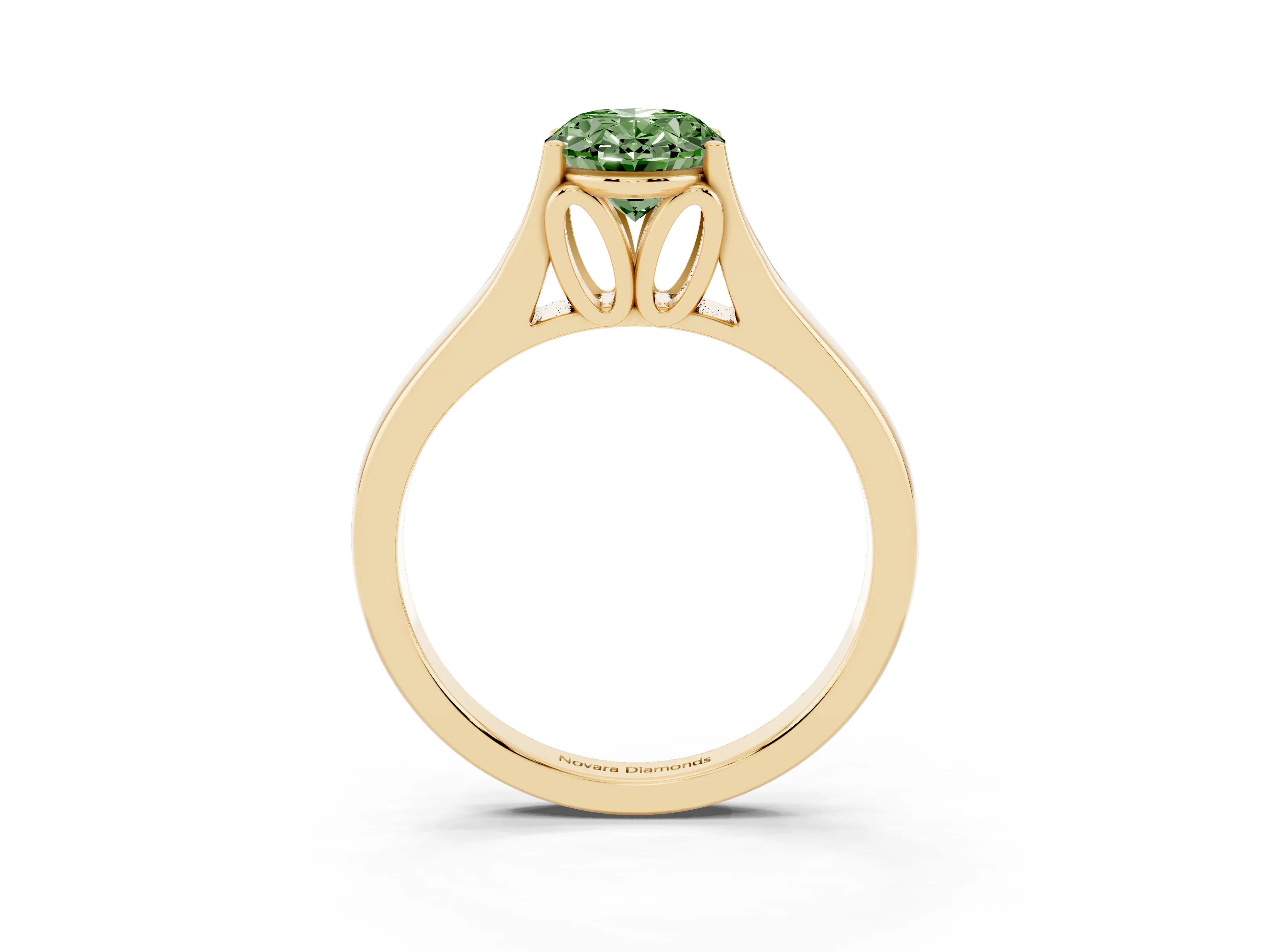 Fancy Green Oval Cut Diamond Solitaire Ring Set in Yellow gold with Arched Cathedral Band and Prong Setting