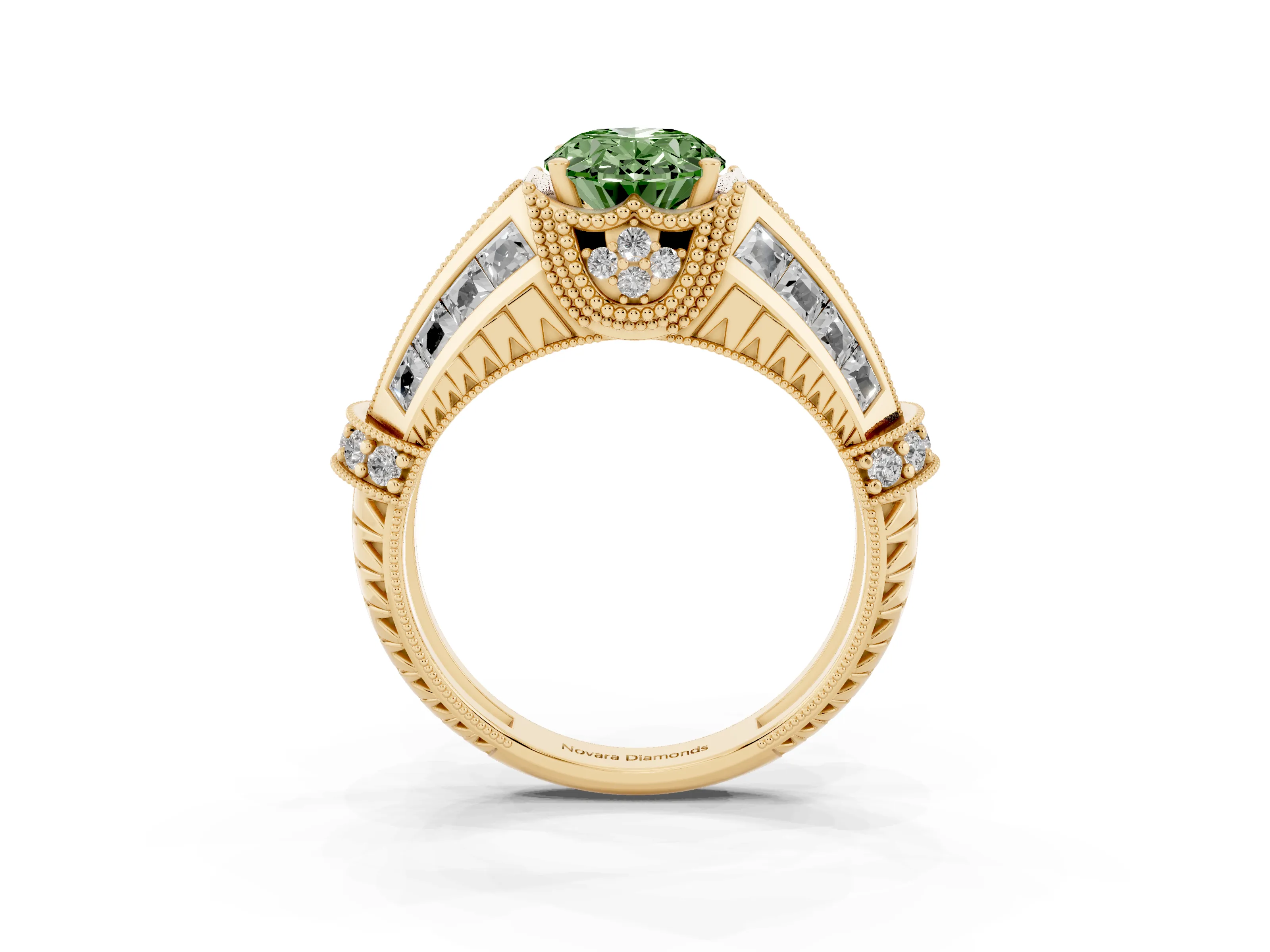 Fancy Green Oval Cut Diamond Vintage-Inspired Milgrain Ring Set in Yellow gold with Accent Split Shank