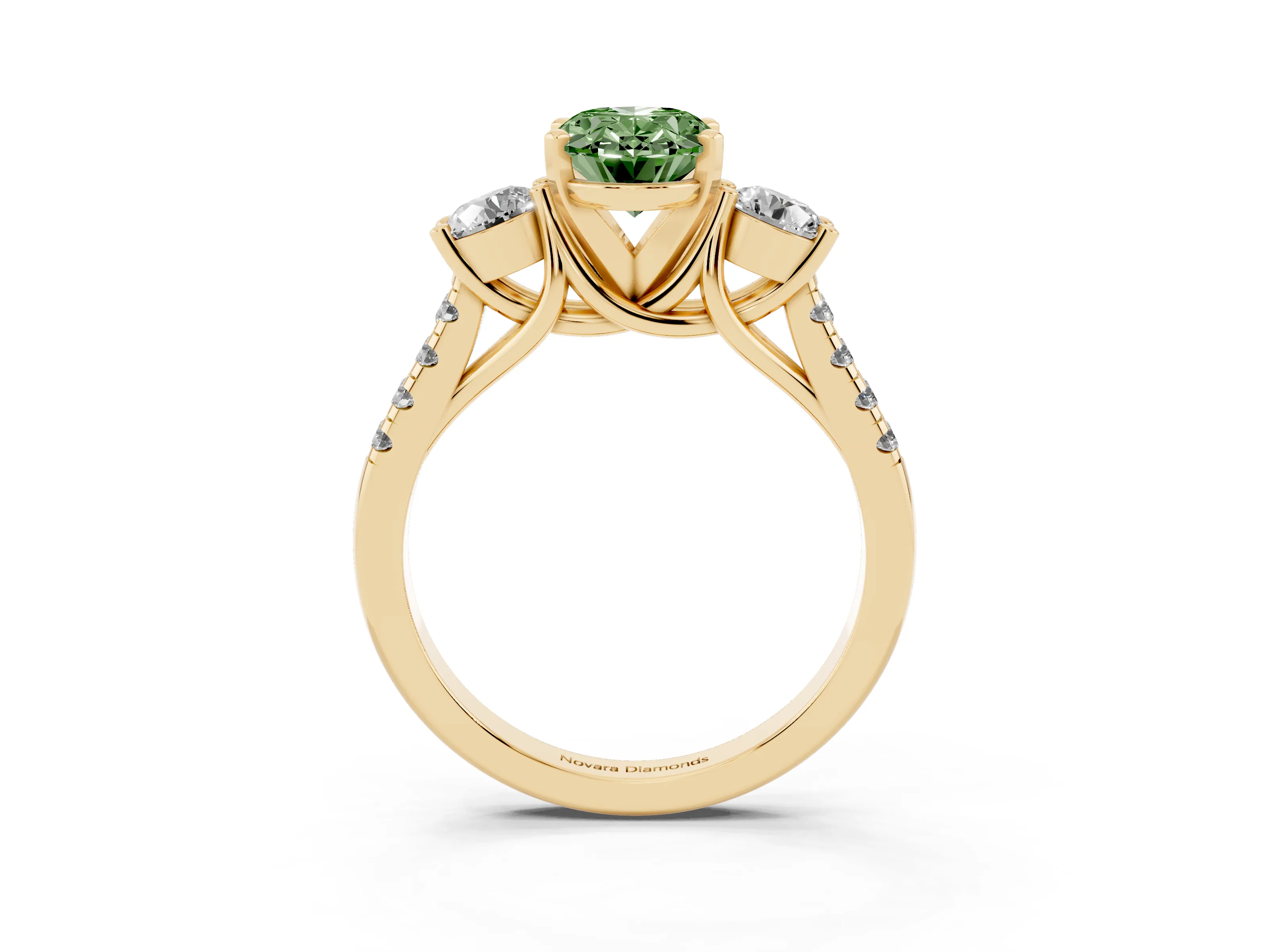 Fancy Green Three-Stone Oval Cut Diamond Pavé Band Ring Set in Yellow gold with Prong-Set Trio
