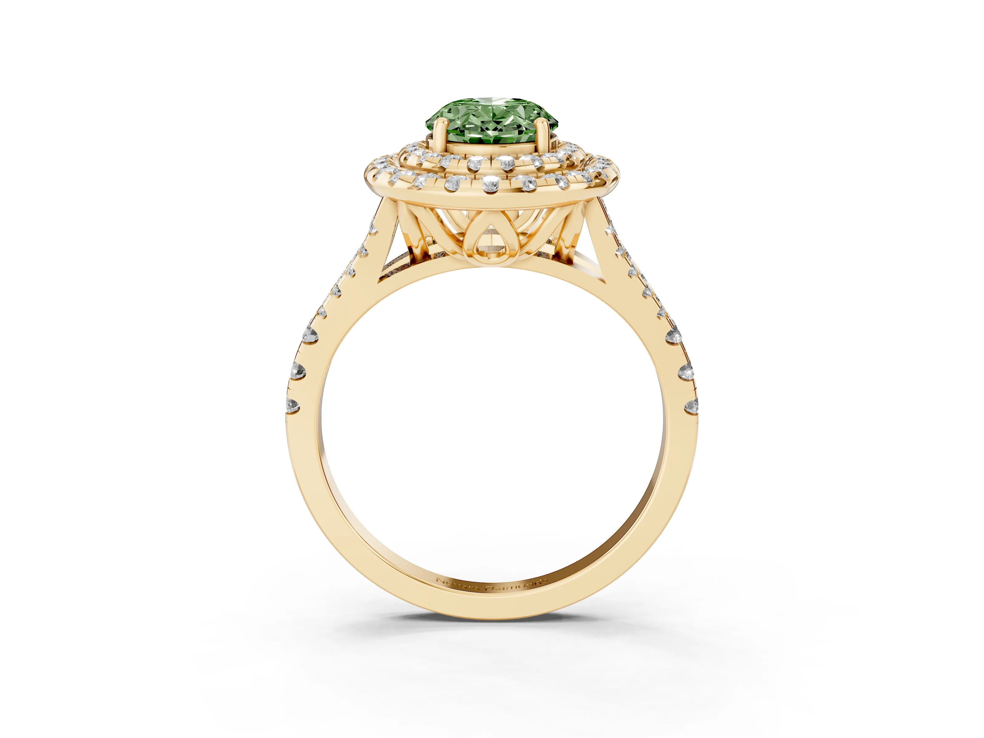 Fancy Green Oval Cut Diamond Double Halo Ring Set in Yellow gold with Pavé Split Shank and Prong Setting
