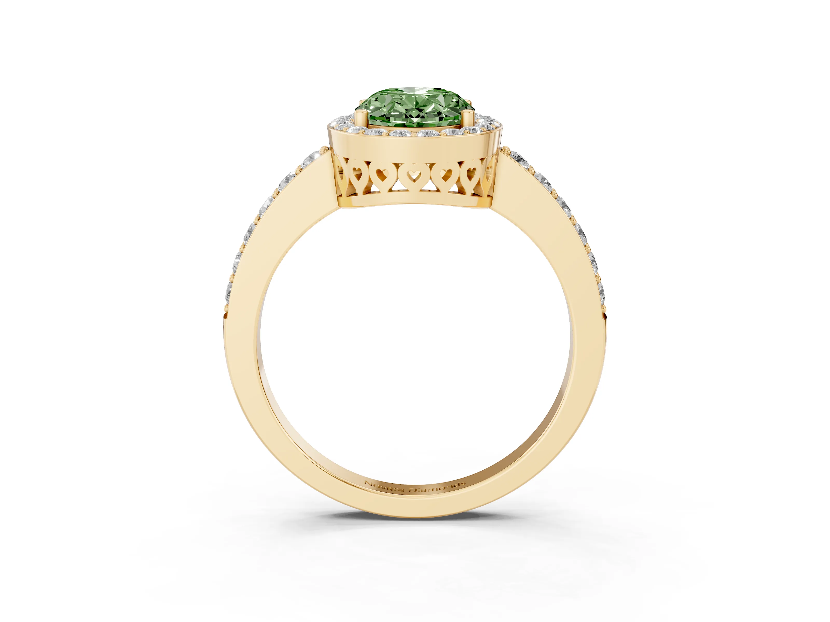 Fancy Green Oval Cut Diamond Halo Ring Set in Yellow gold with Pavé-Setting Band and Open Prong Center