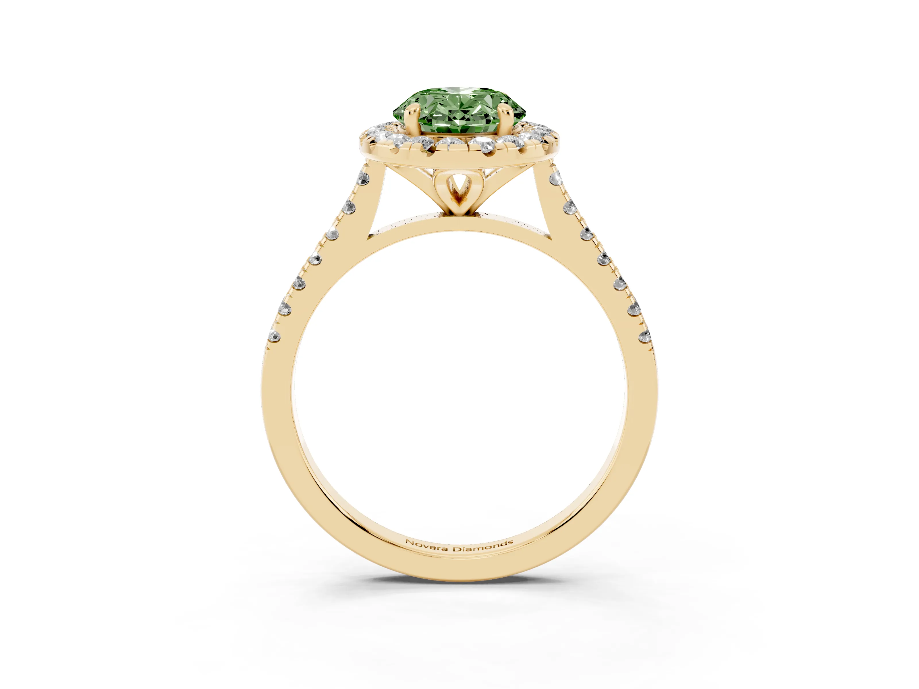 Fancy Green Oval Cut Diamond Cushion Halo Ring Set in Yellow gold with Pavé Band