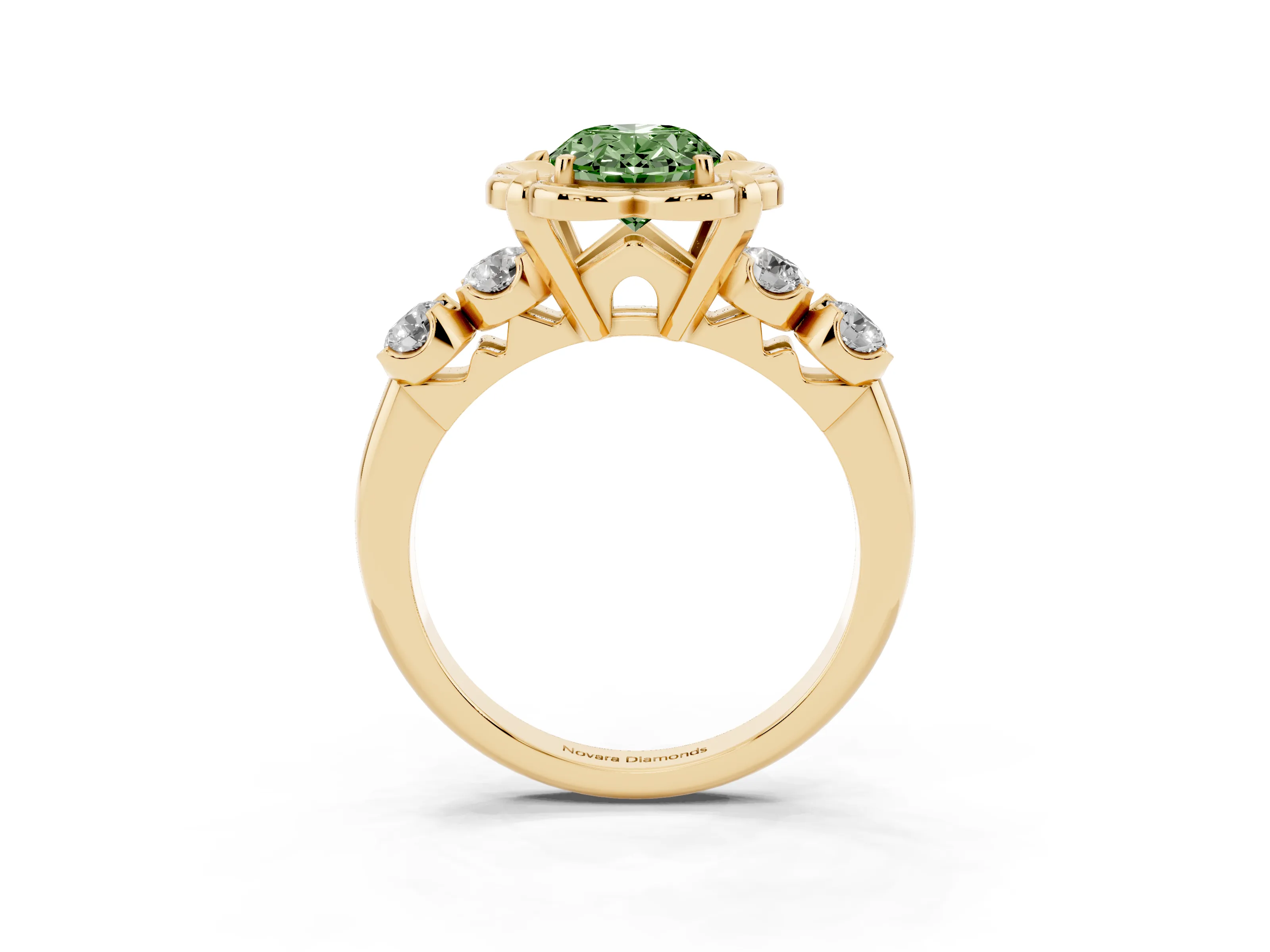 Fancy Green Oval Cut Diamond Floral Halo Ring Set in Yellow gold with Shared Prong Band