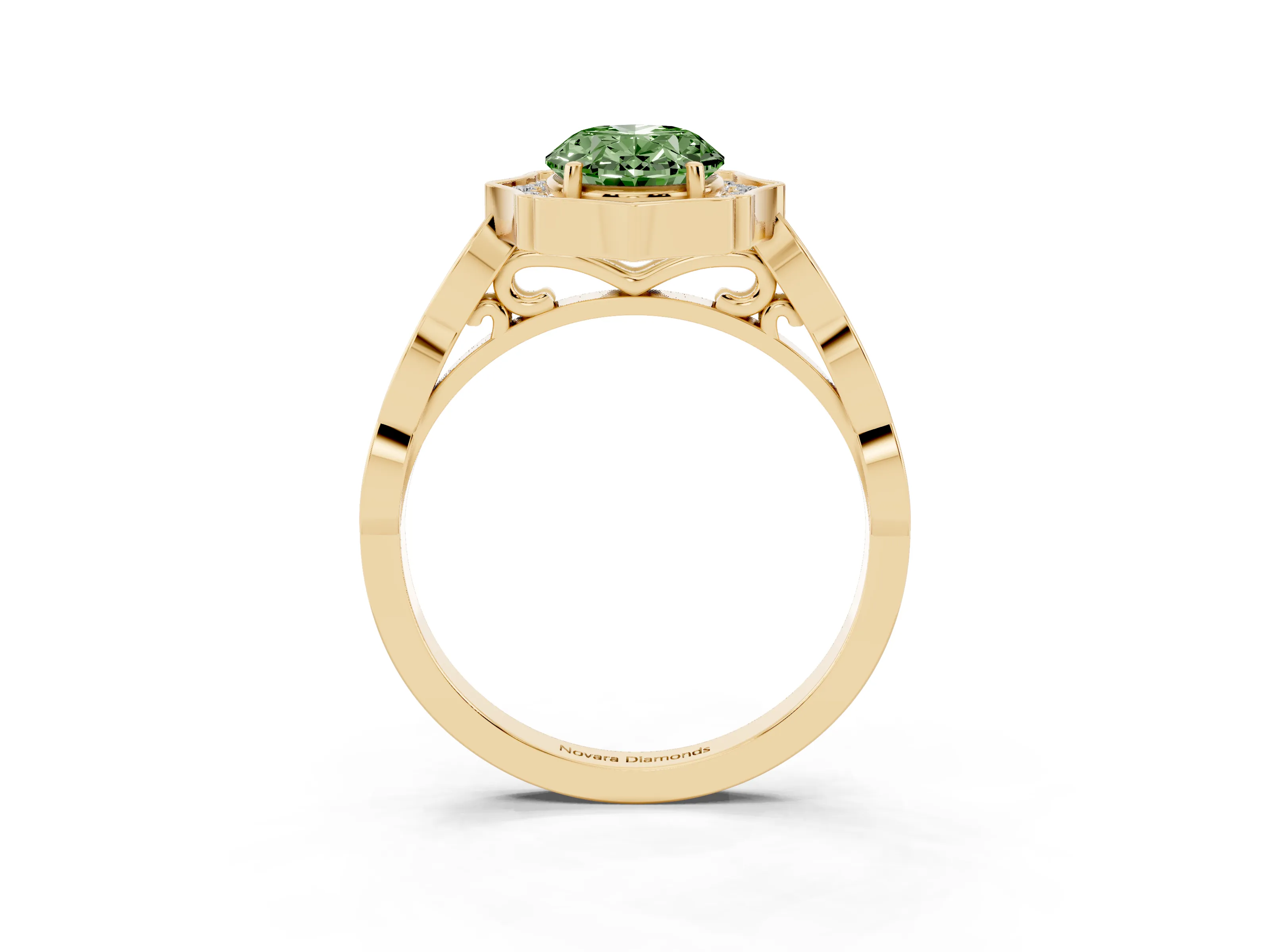 Fancy Green Oval Cut Diamond Halo Engagement Ring Set in Yellow gold with Milgrain Band and Prong Setting