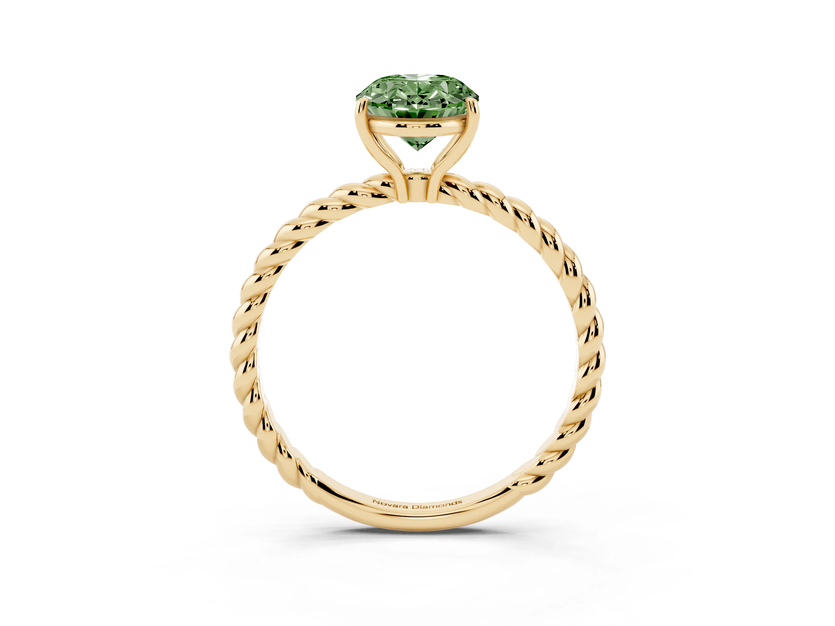 Fancy Green Oval Cut Diamond Solitaire Ring Set in Yellow gold with Twist Band and Prong Setting