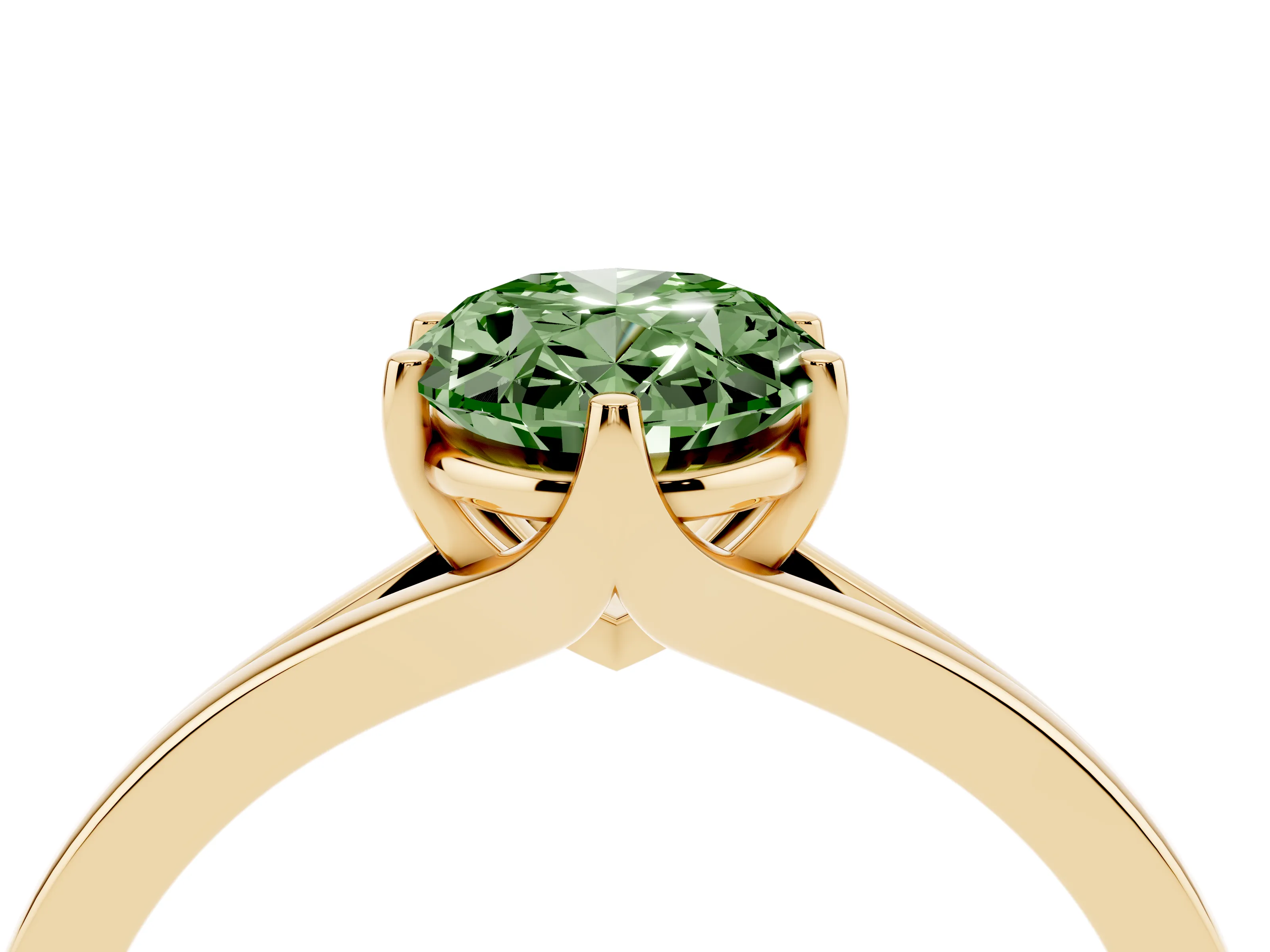 Fancy Green Oval Cut Diamond Solitaire Ring Set in Yellow gold with Polished Tapered Band and Prong Setting