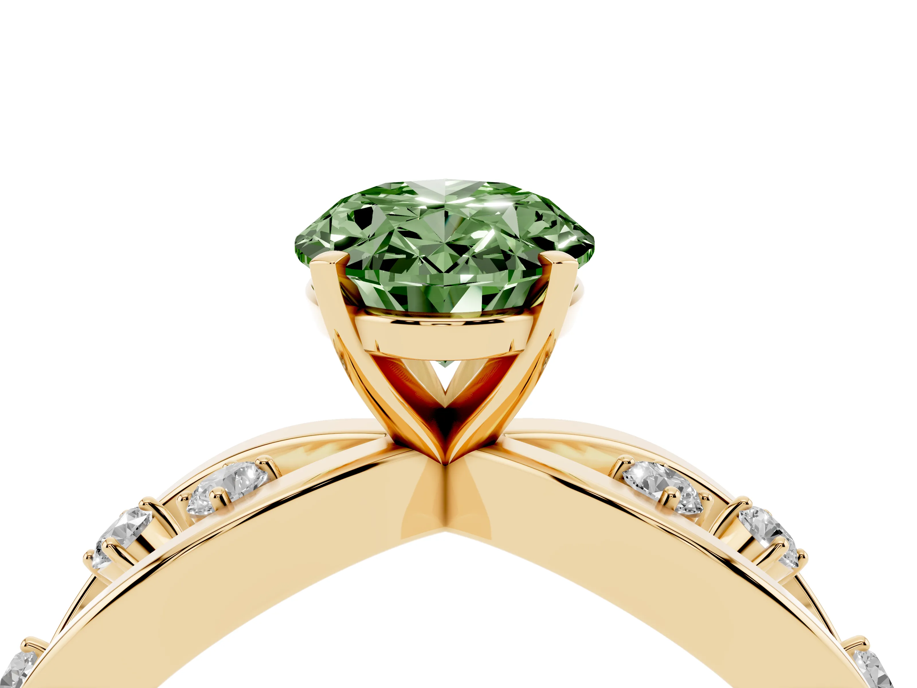 Fancy Green Oval Cut Diamond Solitaire Ring Set in Yellow gold with Side Stones on Criss-Cross Band and Prong Setting