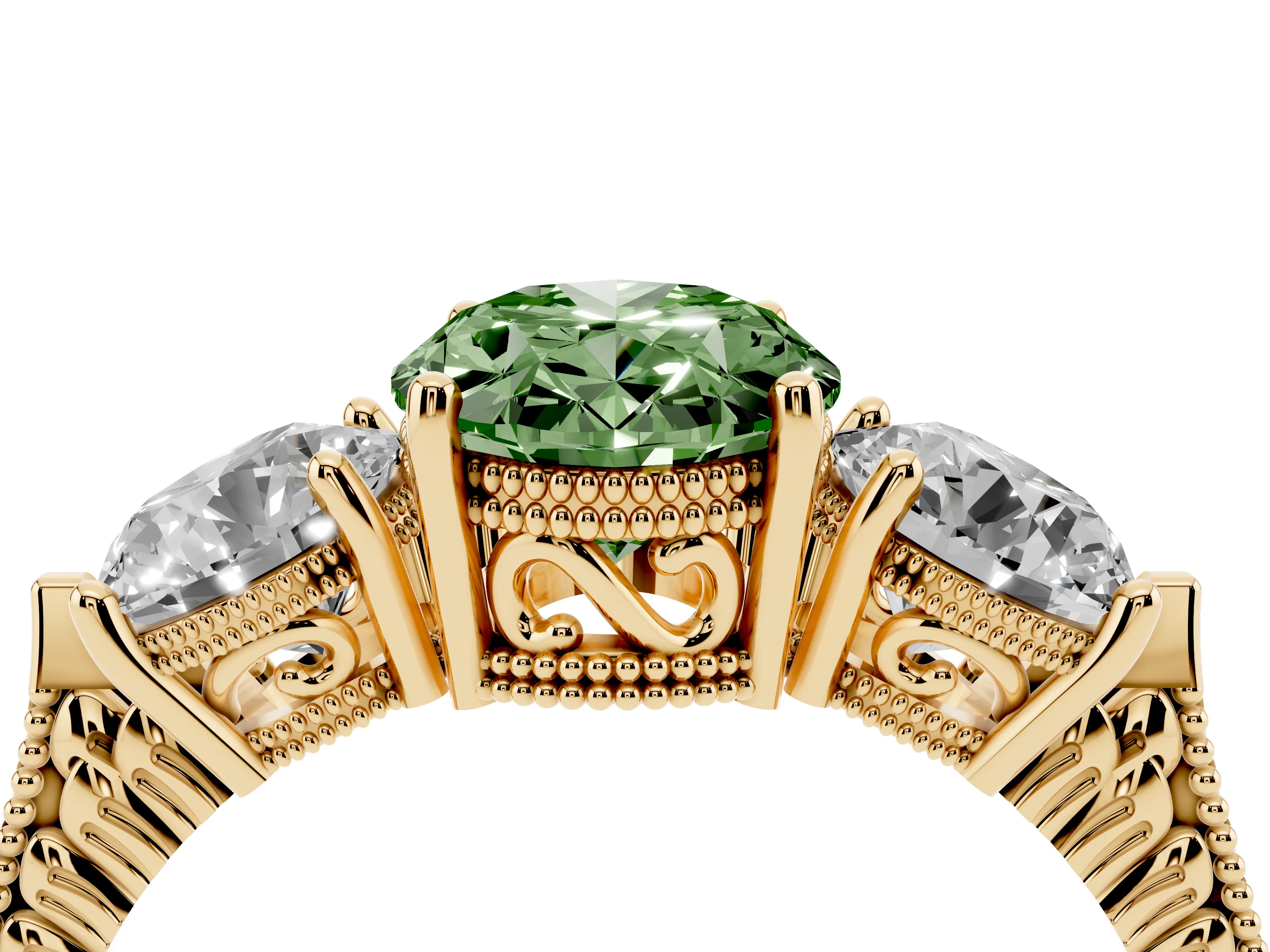 Fancy Green Oval Cut Diamond Three-Stone Ring Set in Yellow gold with Milgrain Band
