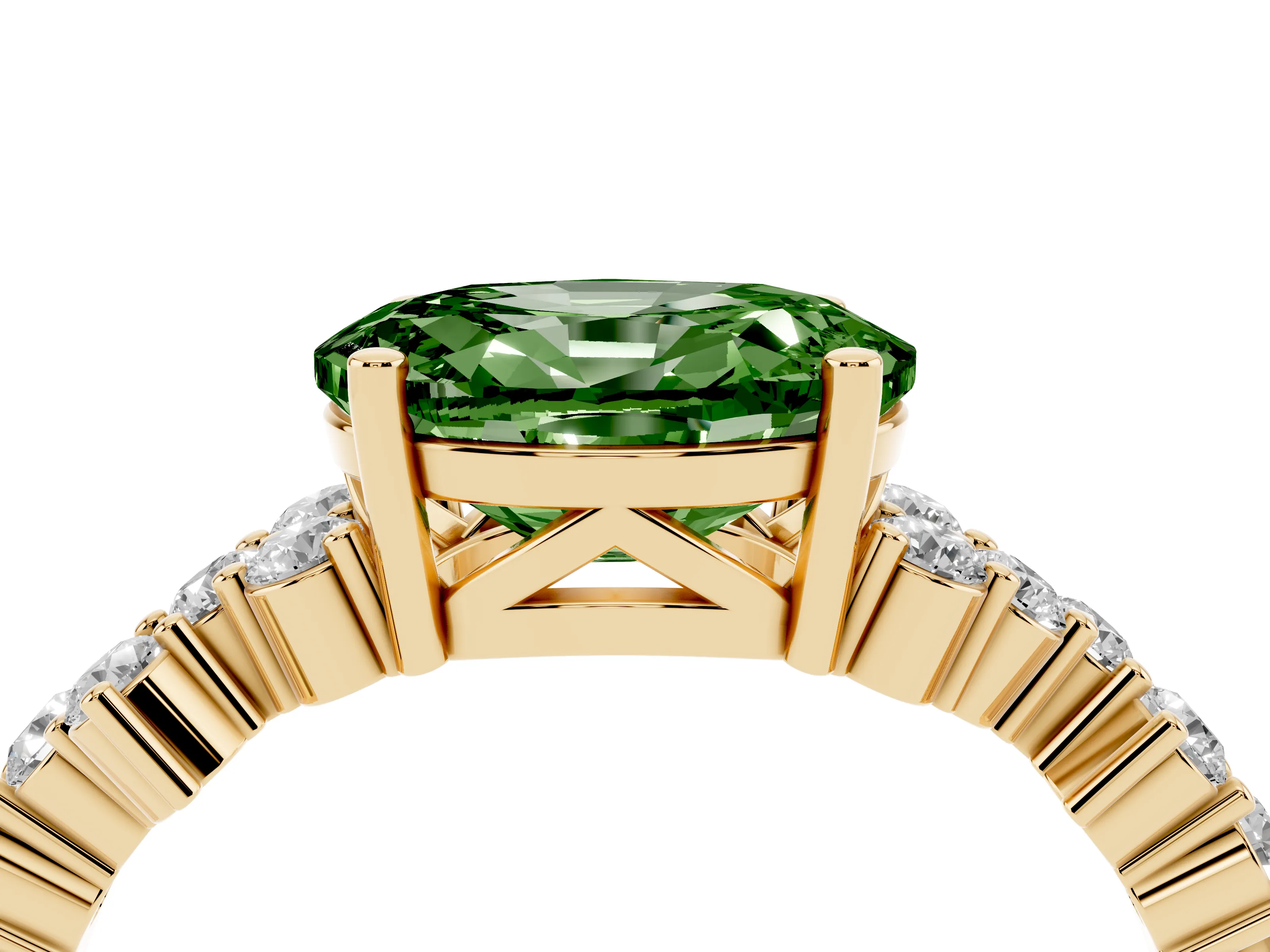 Fancy Green Oval Cut Diamond Ring Set in Yellow gold with Scattered Round Accents