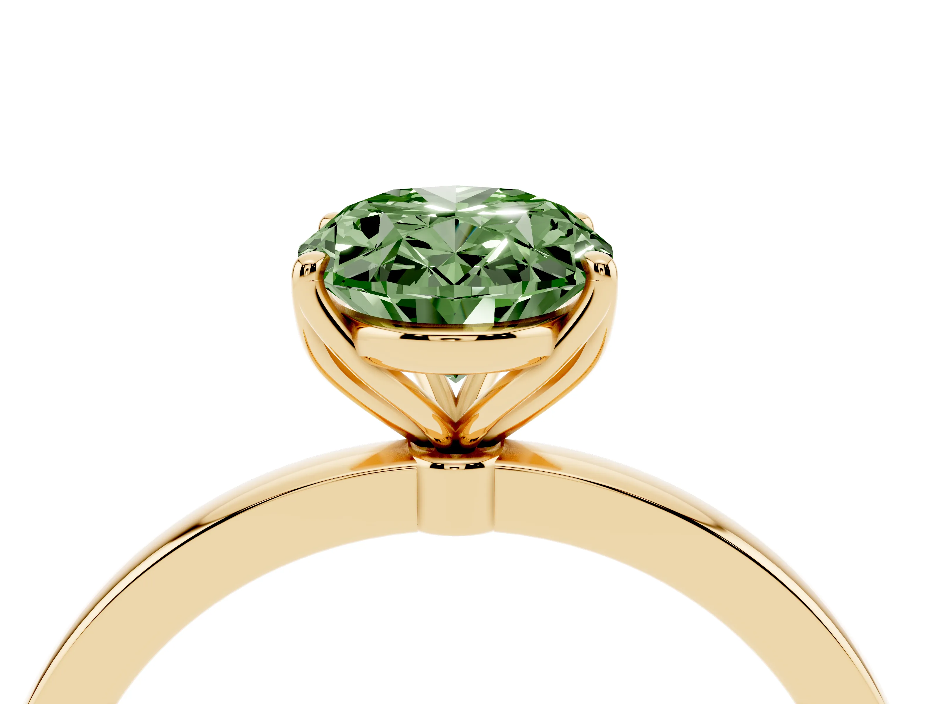 Fancy Green Oval Cut Diamond Solitaire Ring Set in Yellow gold with Prong Setting and Thin Polished Band