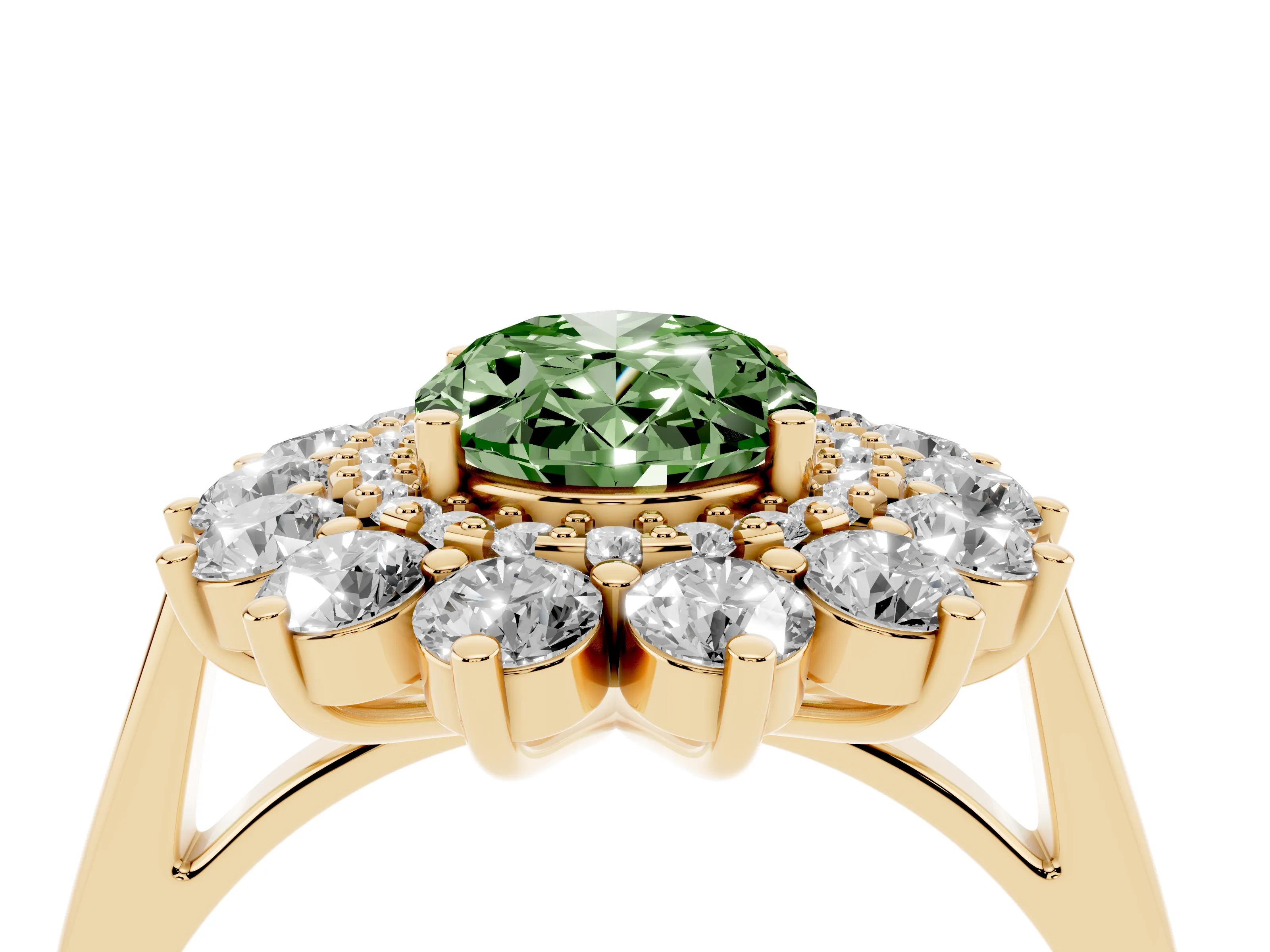 Fancy Green Oval Cut Diamond Floral Double Halo Ring Set in Yellow gold with Round Petals